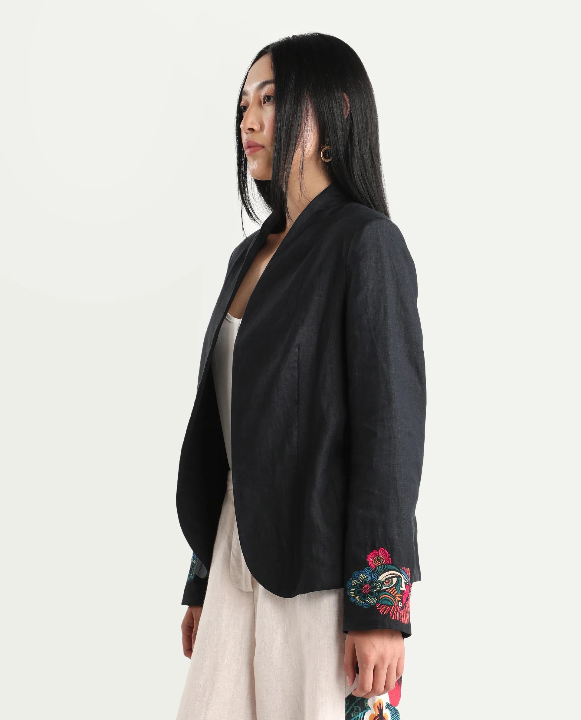 Rareism Women's Bezko Black 100% Linen Full Sleeve Regular Fit Embroidered Shrug