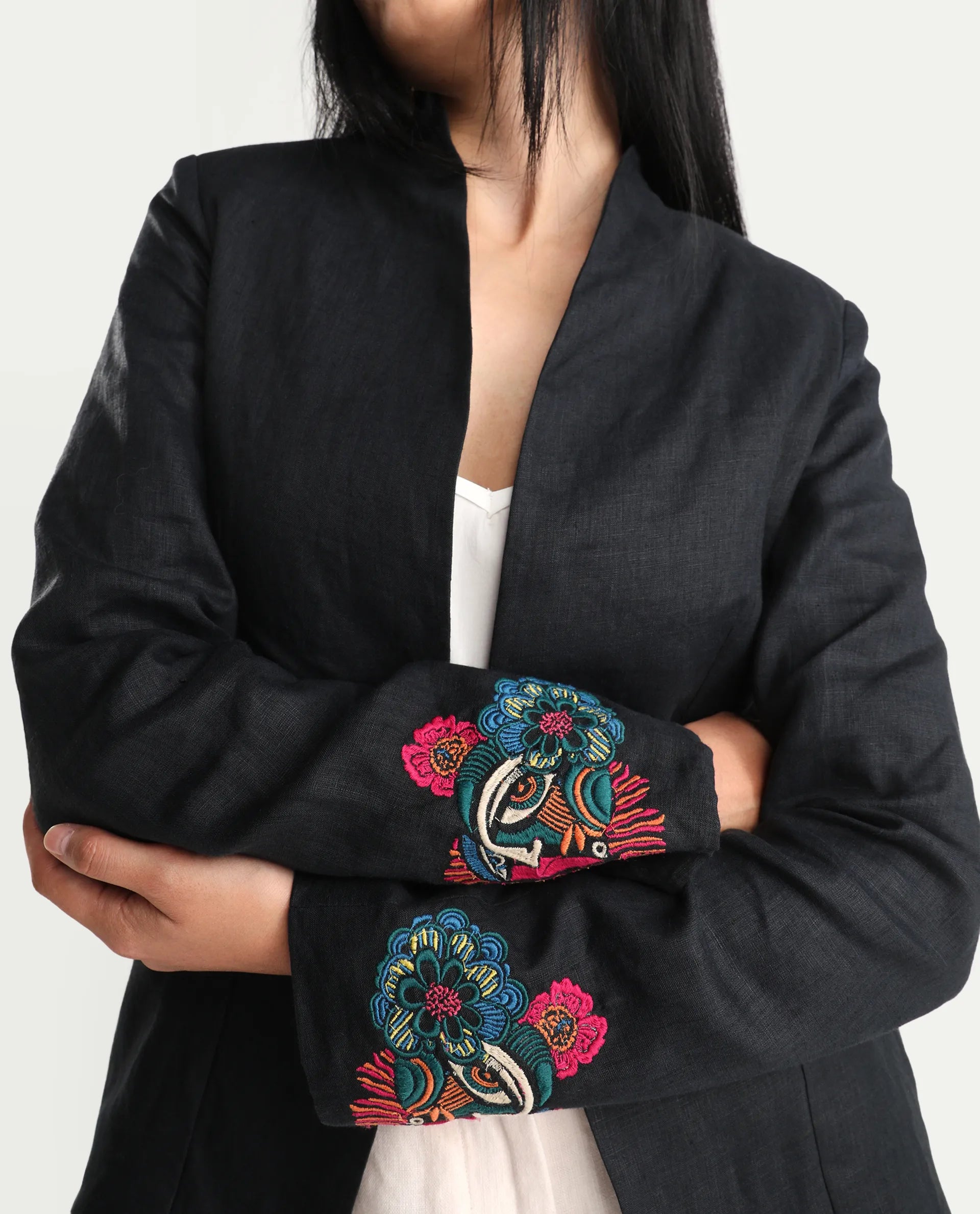 Rareism Women's Bezko Black 100% Linen Full Sleeve Regular Fit Embroidered Shrug