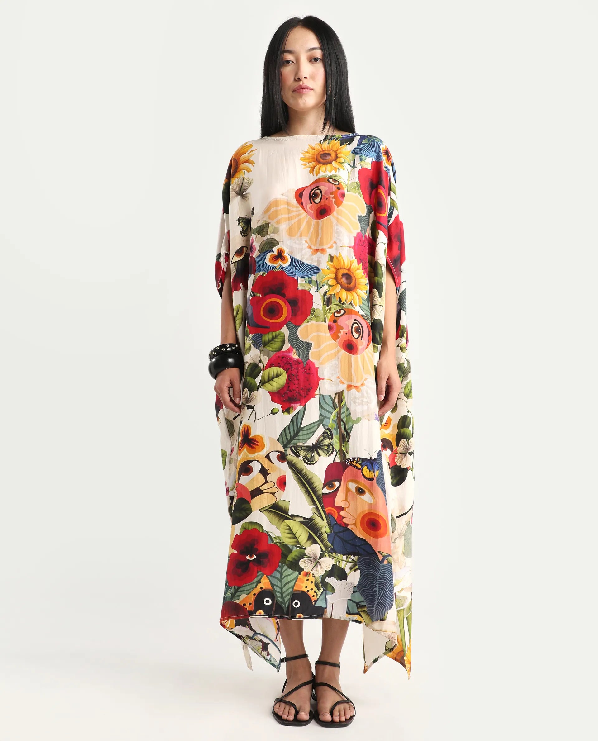 Rareism Women's Bezrea Off White Silk 3/4Th Sleeve Kaftan Abstract Print Dress