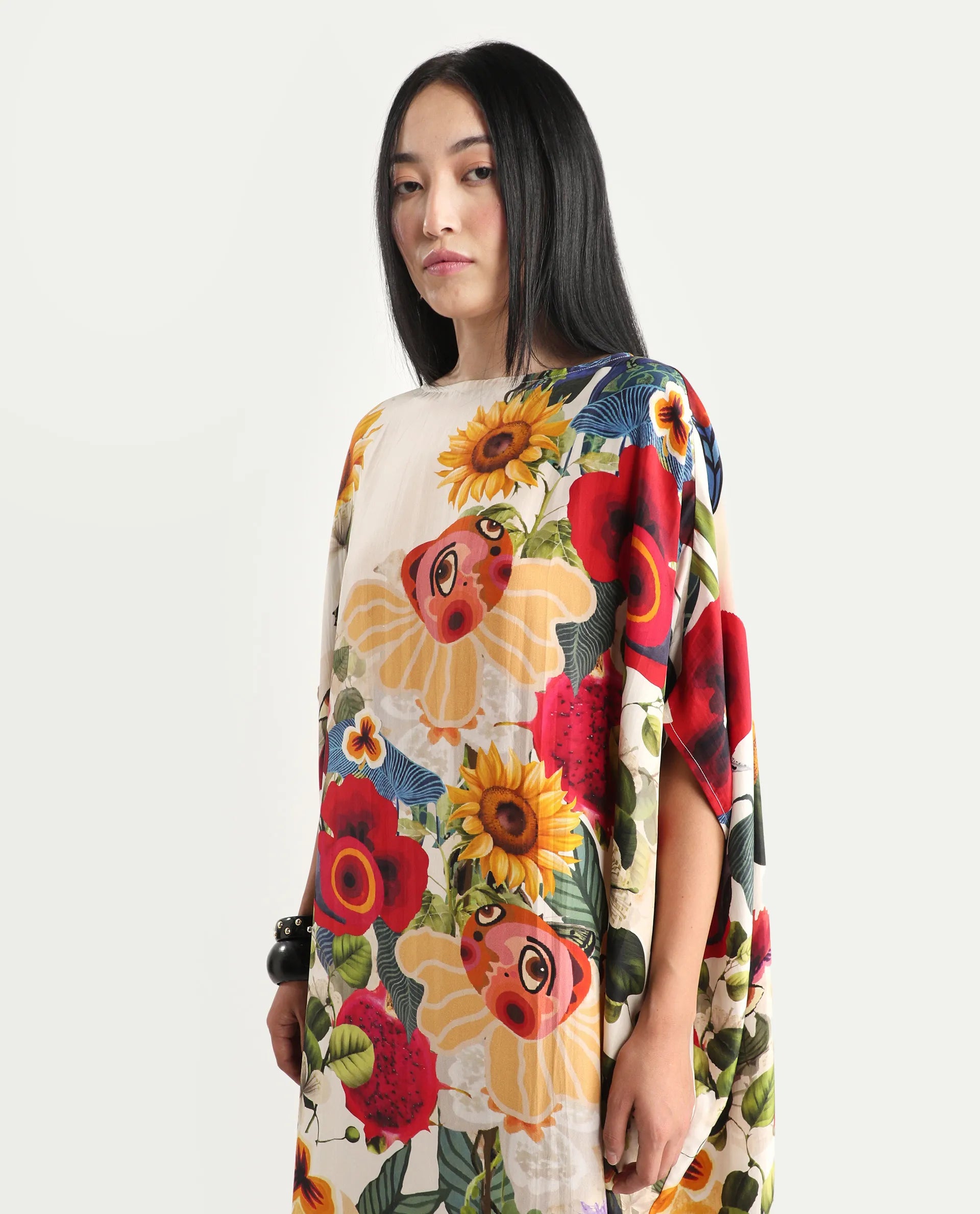 Rareism Women's Bezrea Off White Silk 3/4Th Sleeve Kaftan Abstract Print Dress