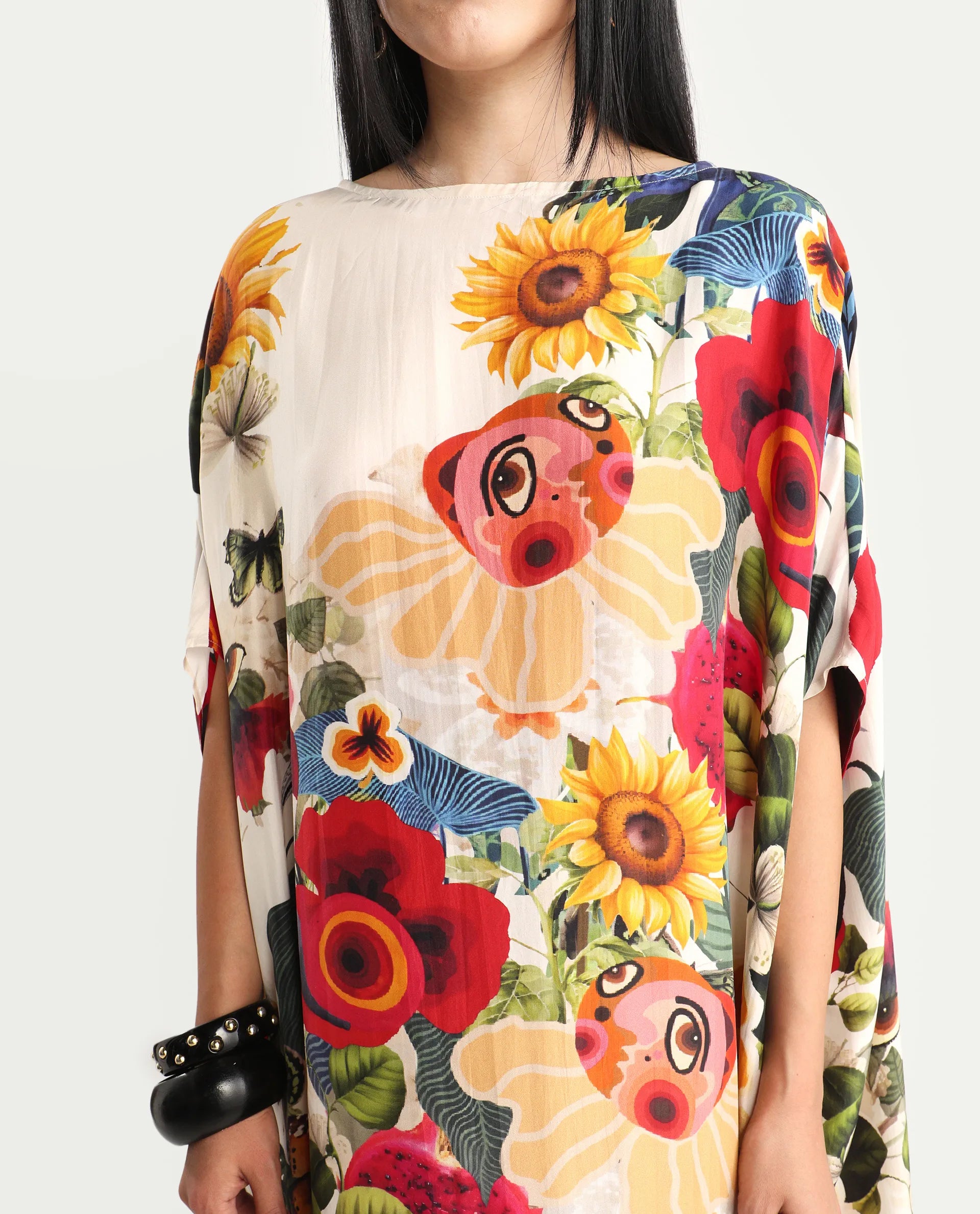 Rareism Women's Bezrea Off White Silk 3/4Th Sleeve Kaftan Abstract Print Dress