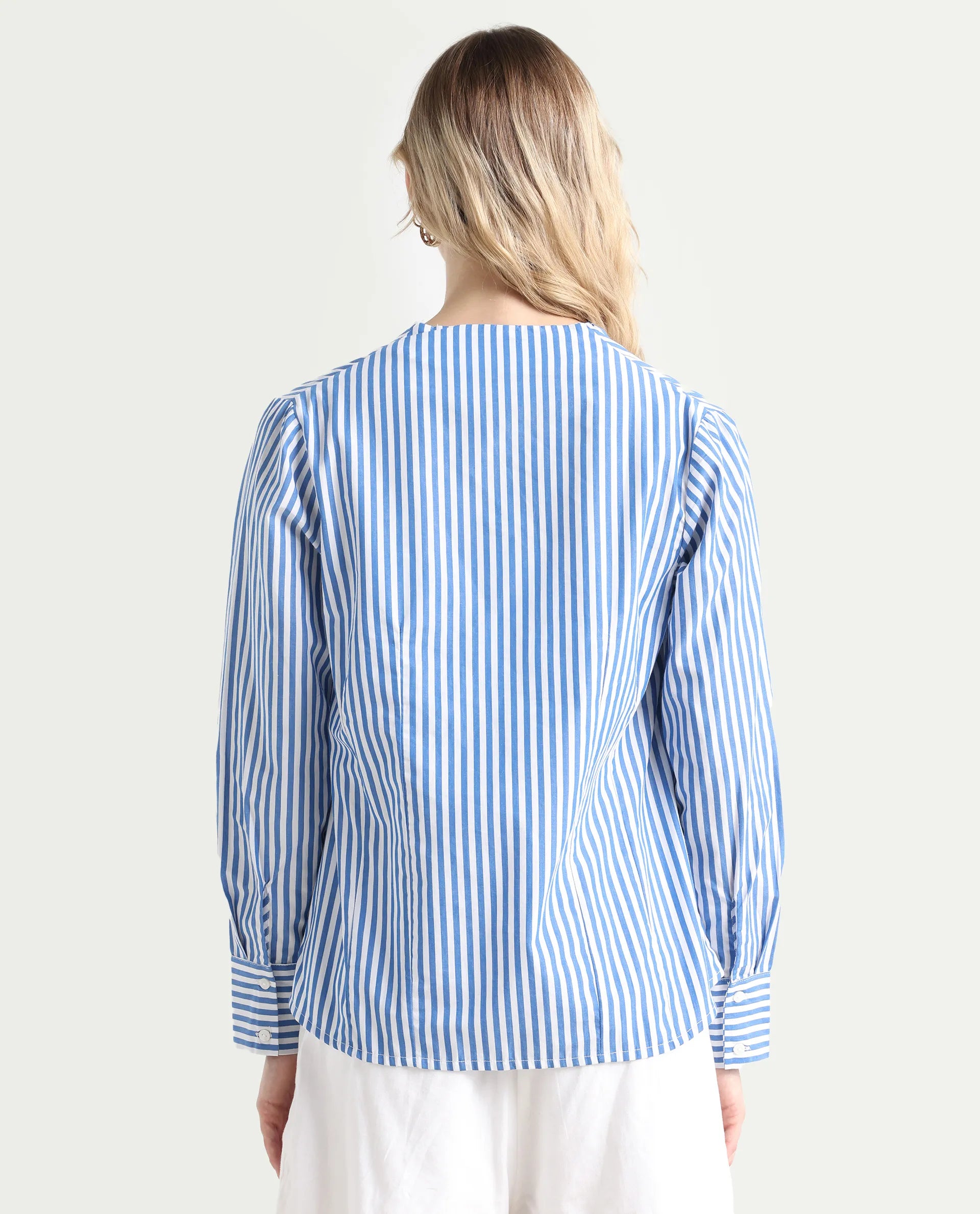 Rareism Women's Bhacan Blue Polyester V-Neck Striped Cuffed Sleeve Relaxed Fit Shirt