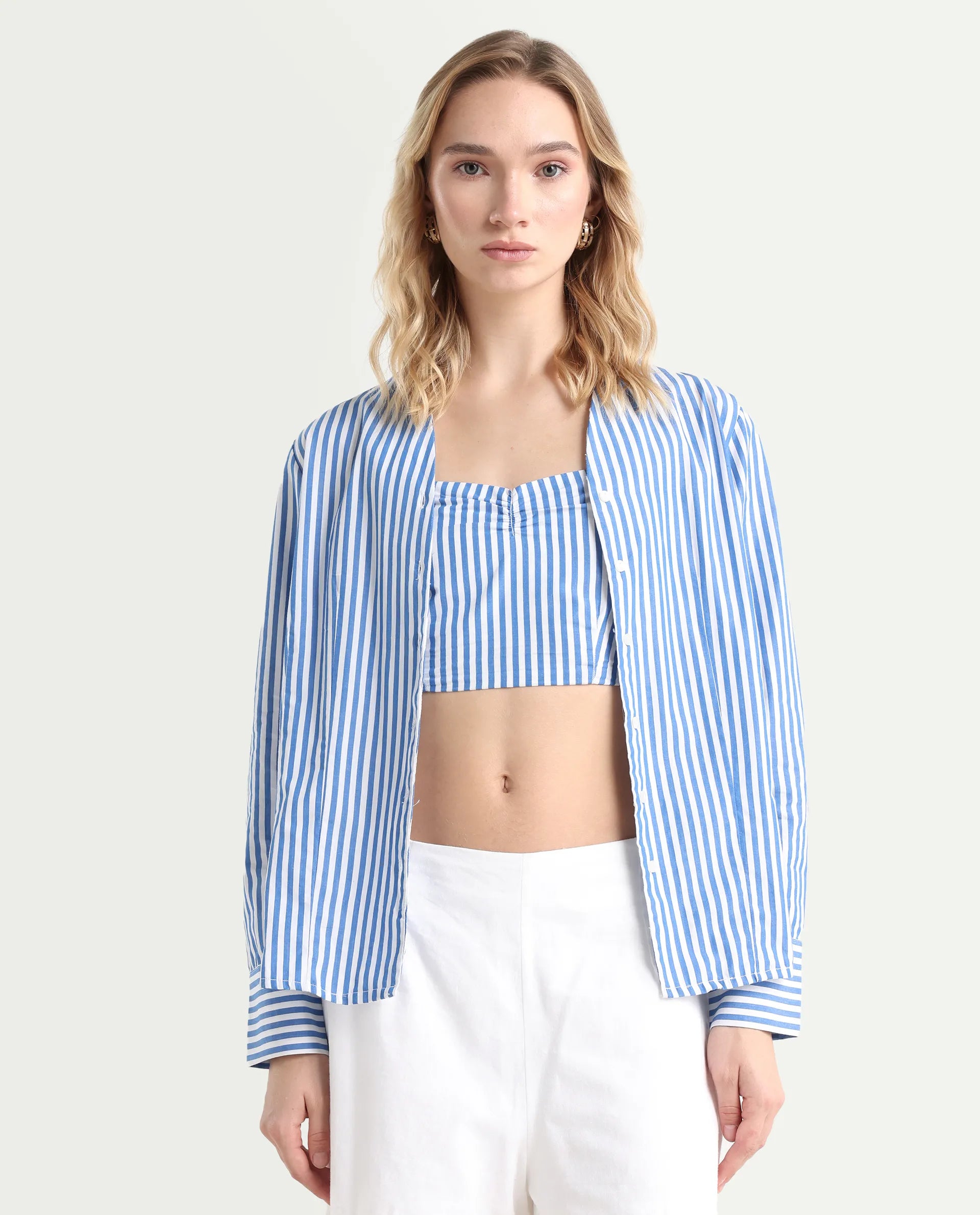 Rareism Women's Bhacan Blue Polyester V-Neck Striped Cuffed Sleeve Relaxed Fit Shirt