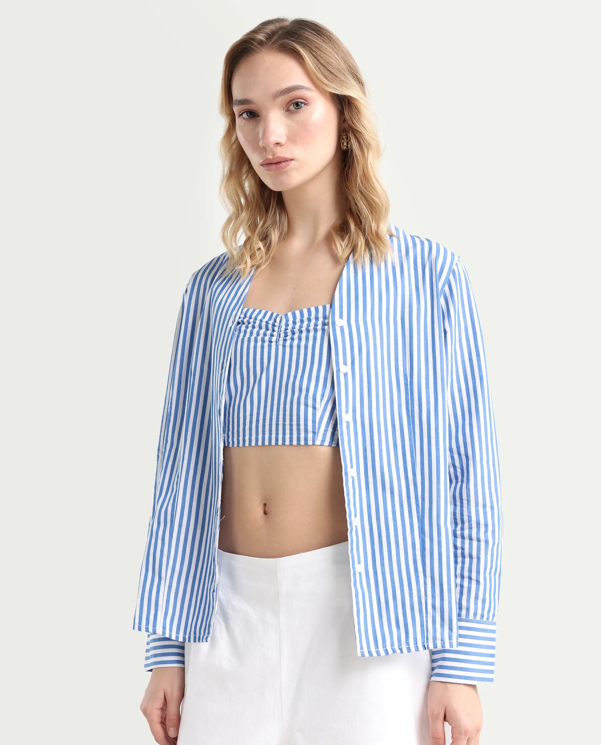 Rareism Women's Bhacan Blue Polyester V-Neck Striped Cuffed Sleeve Relaxed Fit Shirt