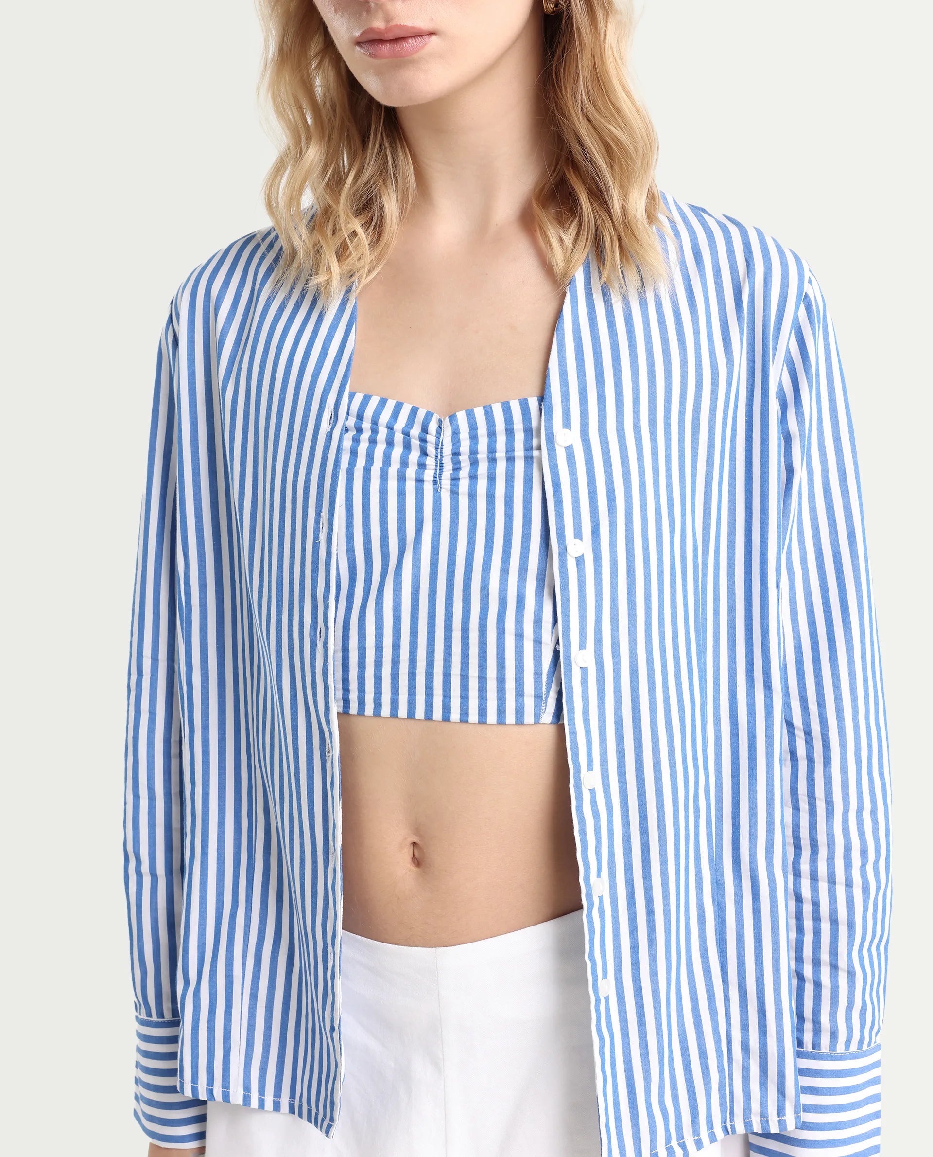 Rareism Women's Bhacan Blue Polyester V-Neck Striped Cuffed Sleeve Relaxed Fit Shirt