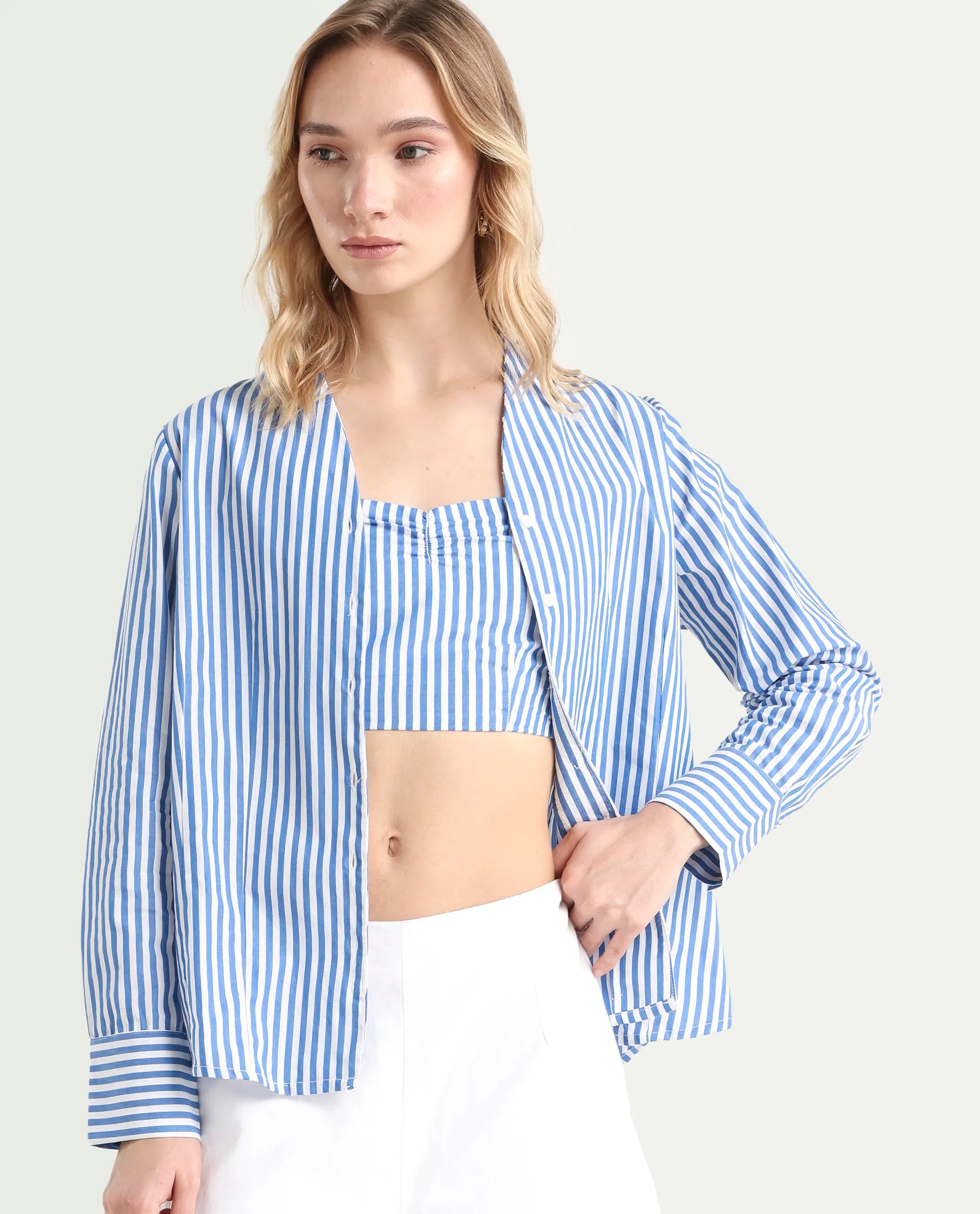 Rareism Women's Bhacan Blue Polyester V-Neck Striped Cuffed Sleeve Relaxed Fit Shirt