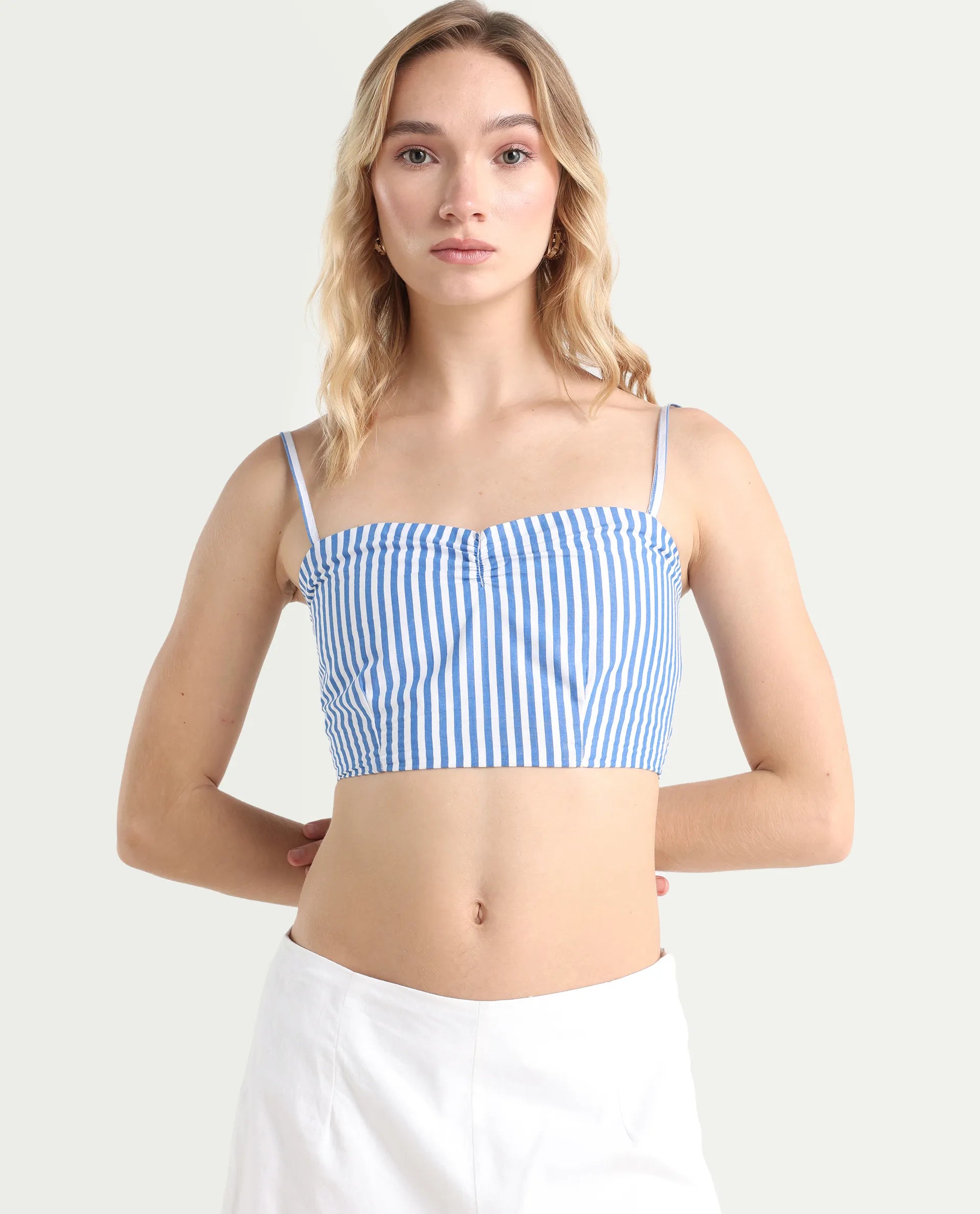 Rareism Women's Bhacan Blue Polyester V-Neck Striped Cuffed Sleeve Relaxed Fit Shirt