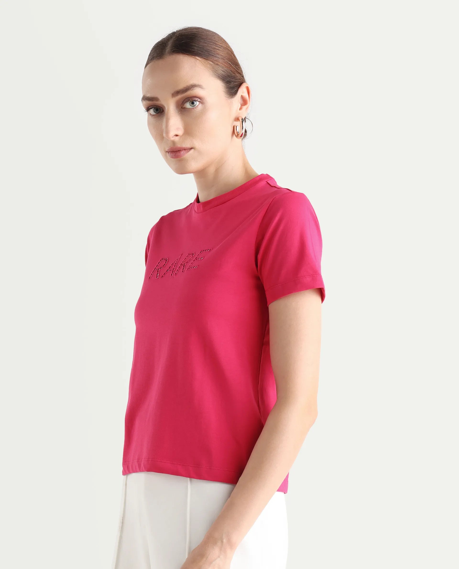 Rareism Women's Bhafi Pink Cotton Blend Crew Neck Typography Print Regular Fit T-Shirt