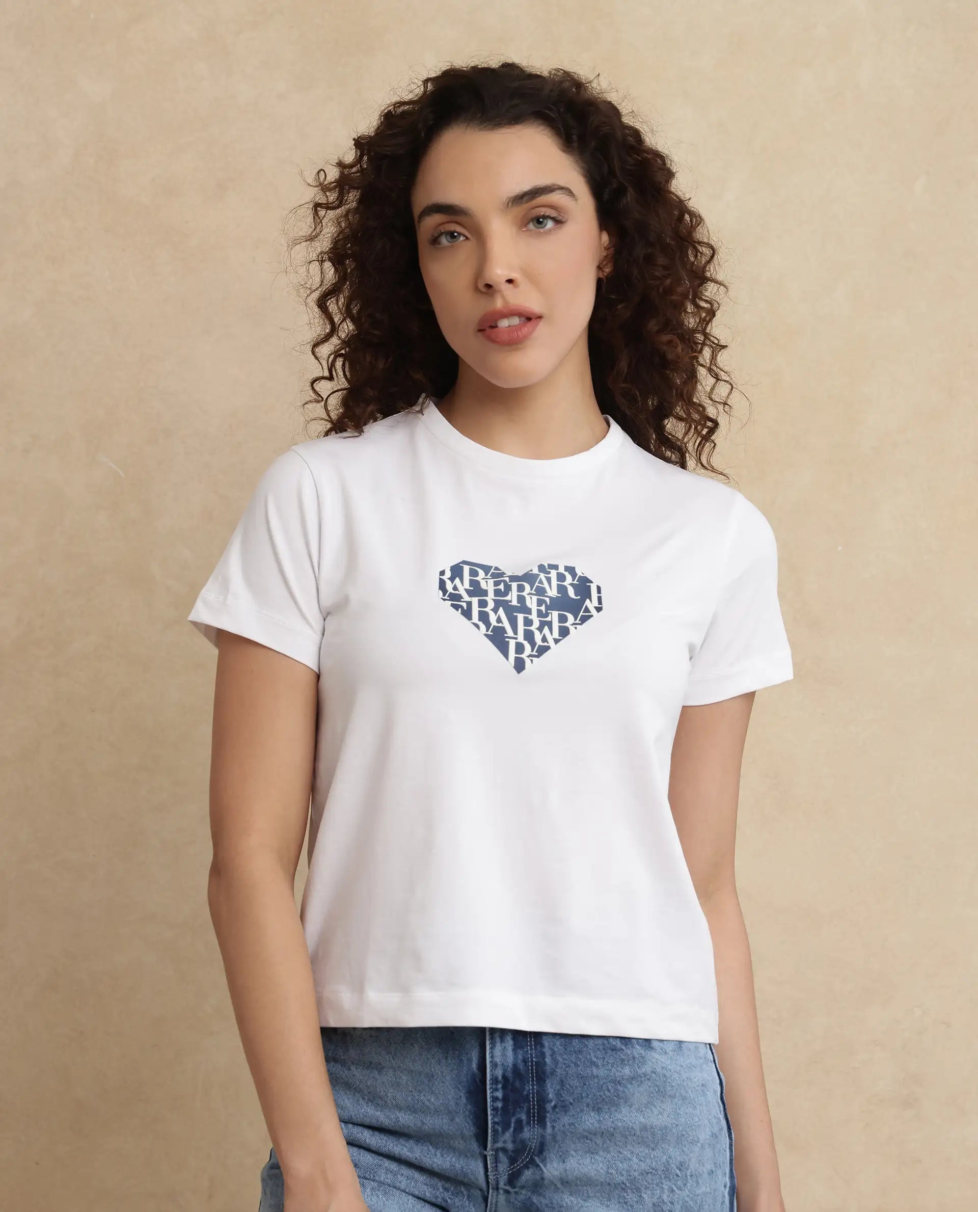 Rareism Women Bhager Off White Cotton Lycra Fabric Short Sleeve Crew Neck Graphic Print T-Shirt