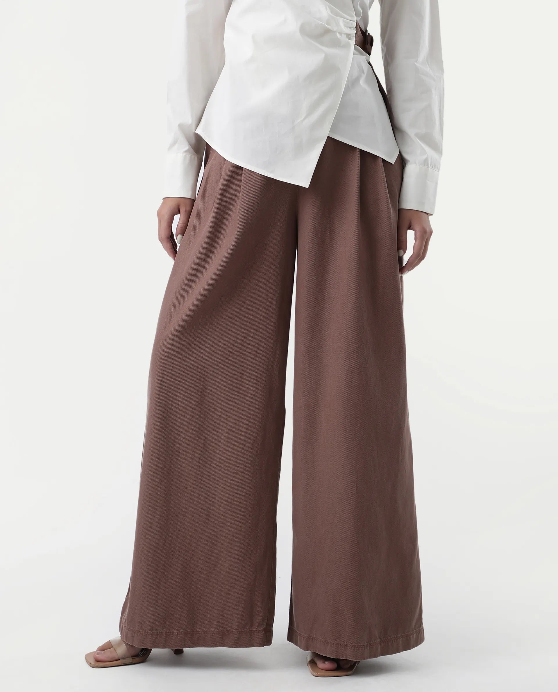 Rareism Women's Bhaleyn B Light Brown Cotton Blend Plain Ankle Length Flared Trouser