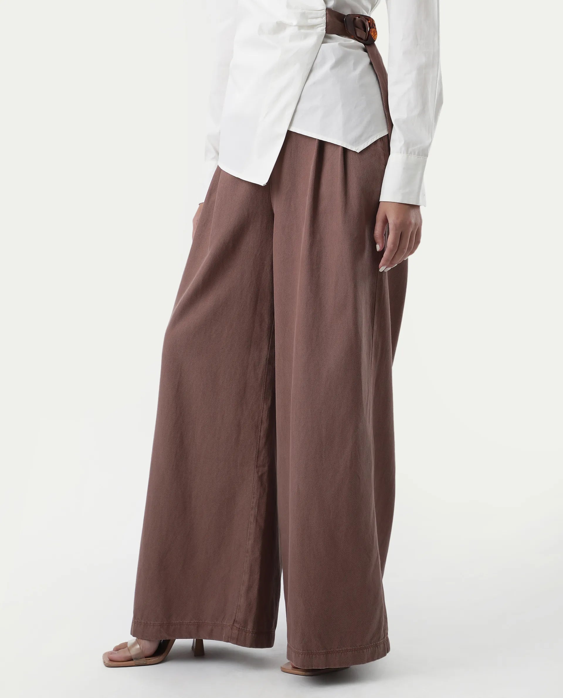 Rareism Women's Bhaleyn B Light Brown Cotton Blend Plain Ankle Length Flared Trouser