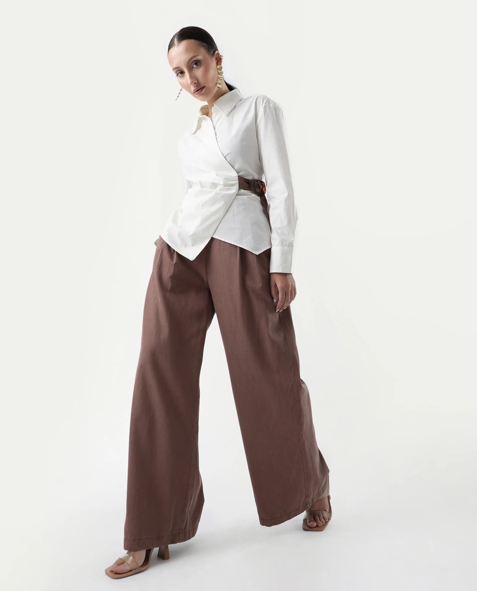 Rareism Women's Bhaleyn B Light Brown Cotton Blend Plain Ankle Length Flared Trouser