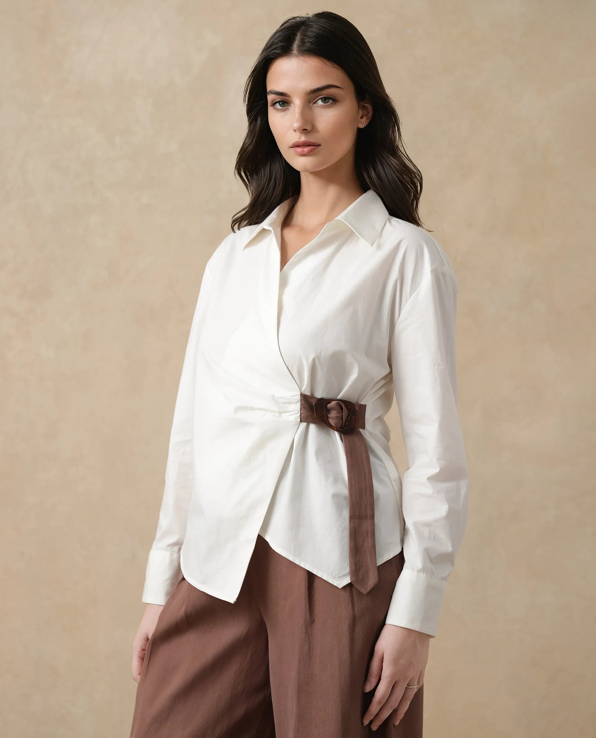 Rareism Women's Bhaleyn-T Off White Cotton Spread Collar Plain Cuffed Sleeve Relaxed Fit Shirt