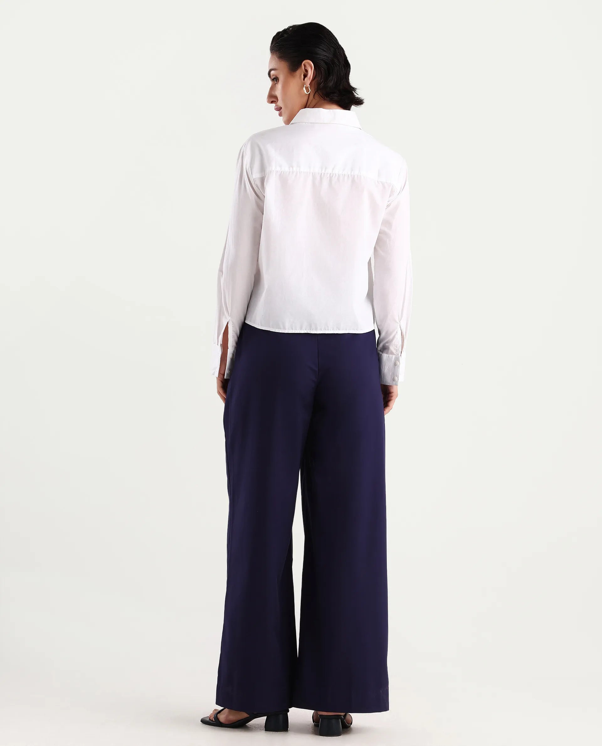 Rareism Women's Bhalmish Navy Polyester Plain Ankle Length Wide Trouser