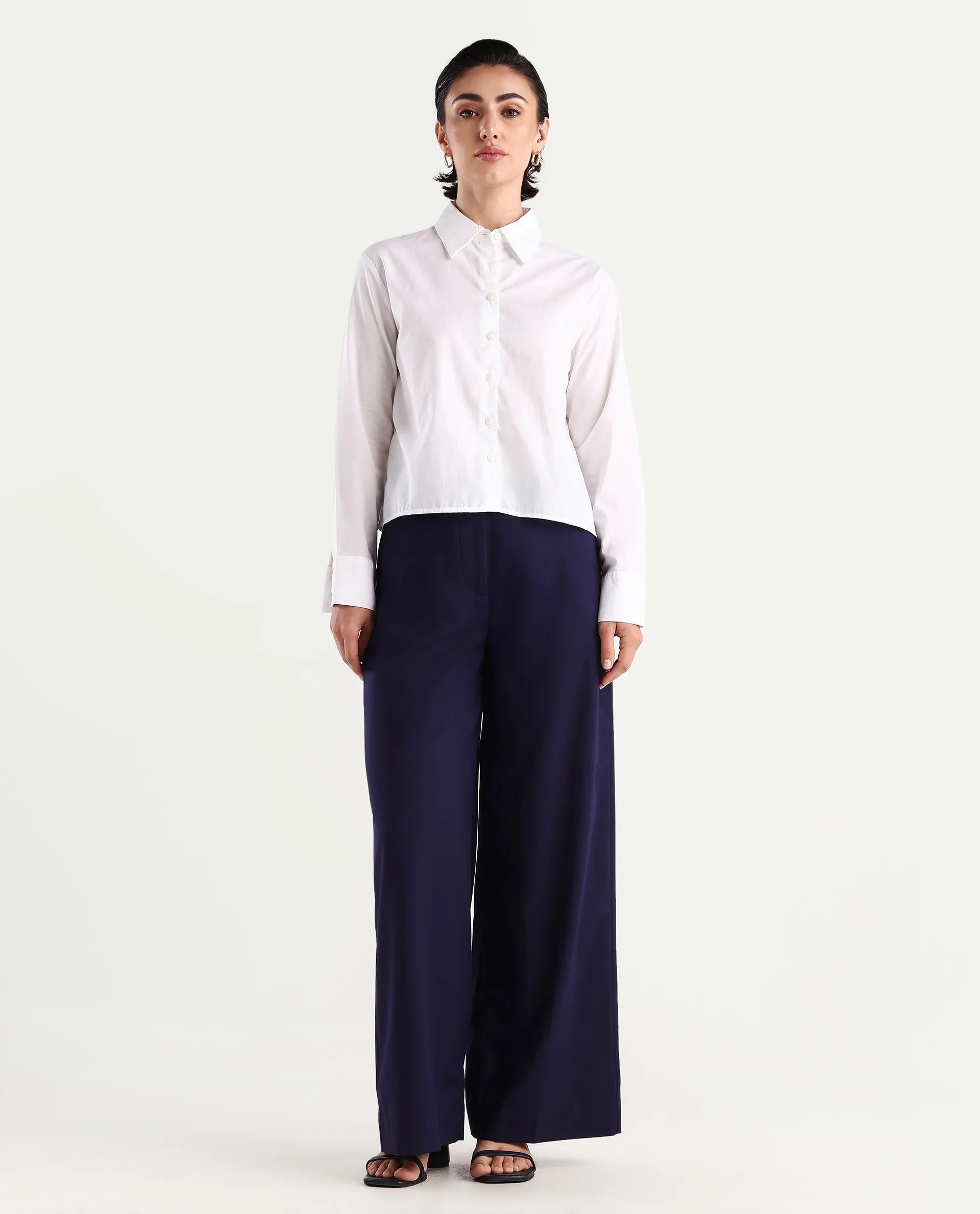 Rareism Women's Bhalmish Navy Polyester Plain Ankle Length Wide Trouser
