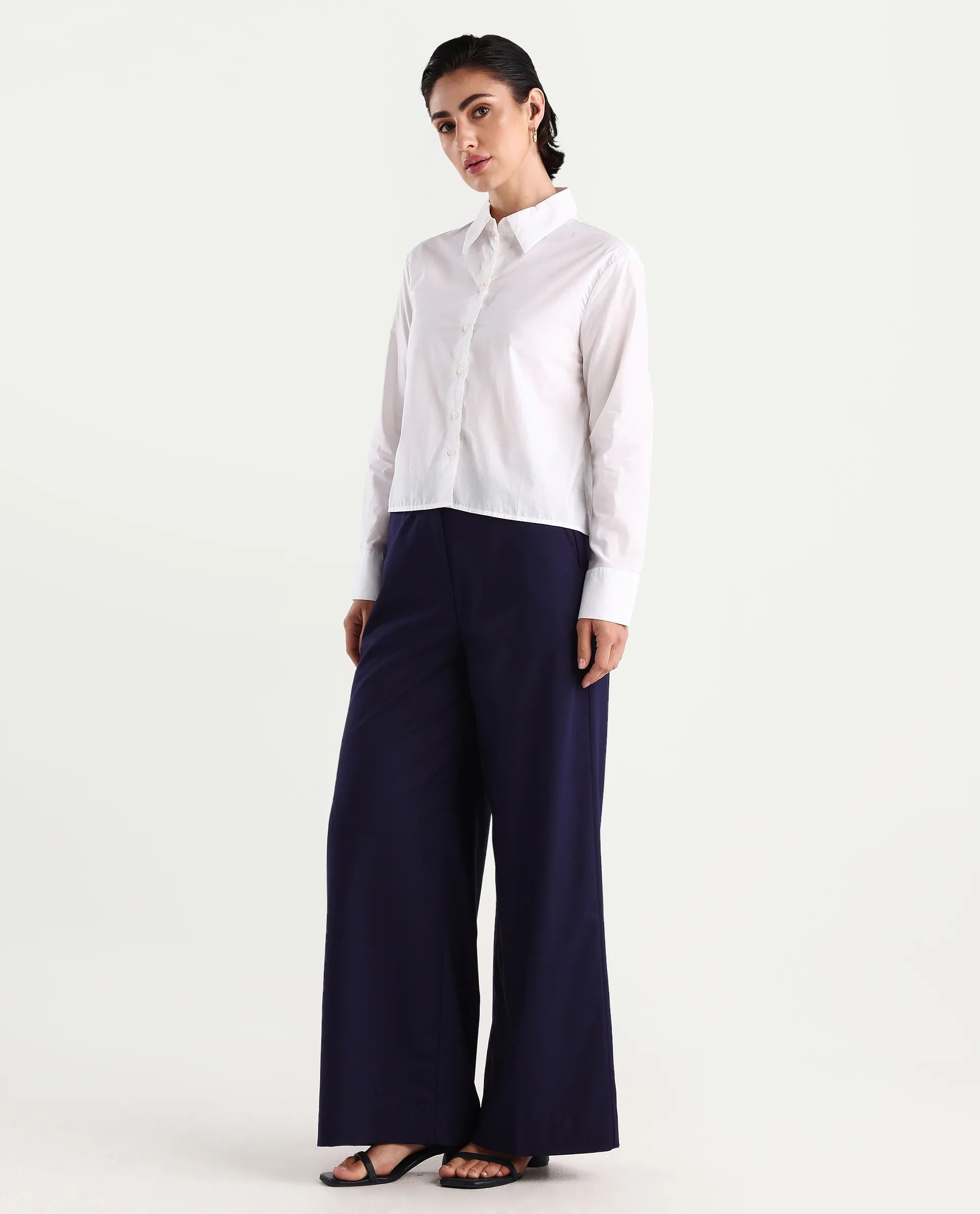 Rareism Women's Bhalmish Navy Polyester Plain Ankle Length Wide Trouser