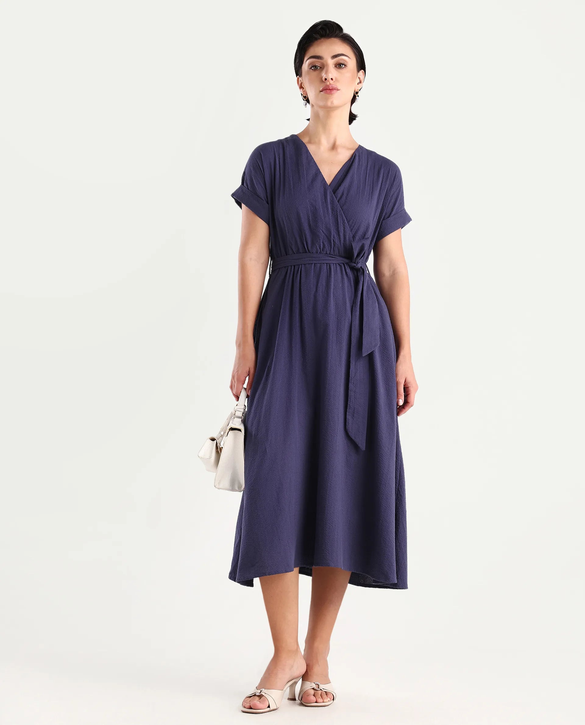 Rareism Women's Bhamin Navy Cotton Overlap Neck Plain Extended Sleeves Midi Fit And Flare Dress
