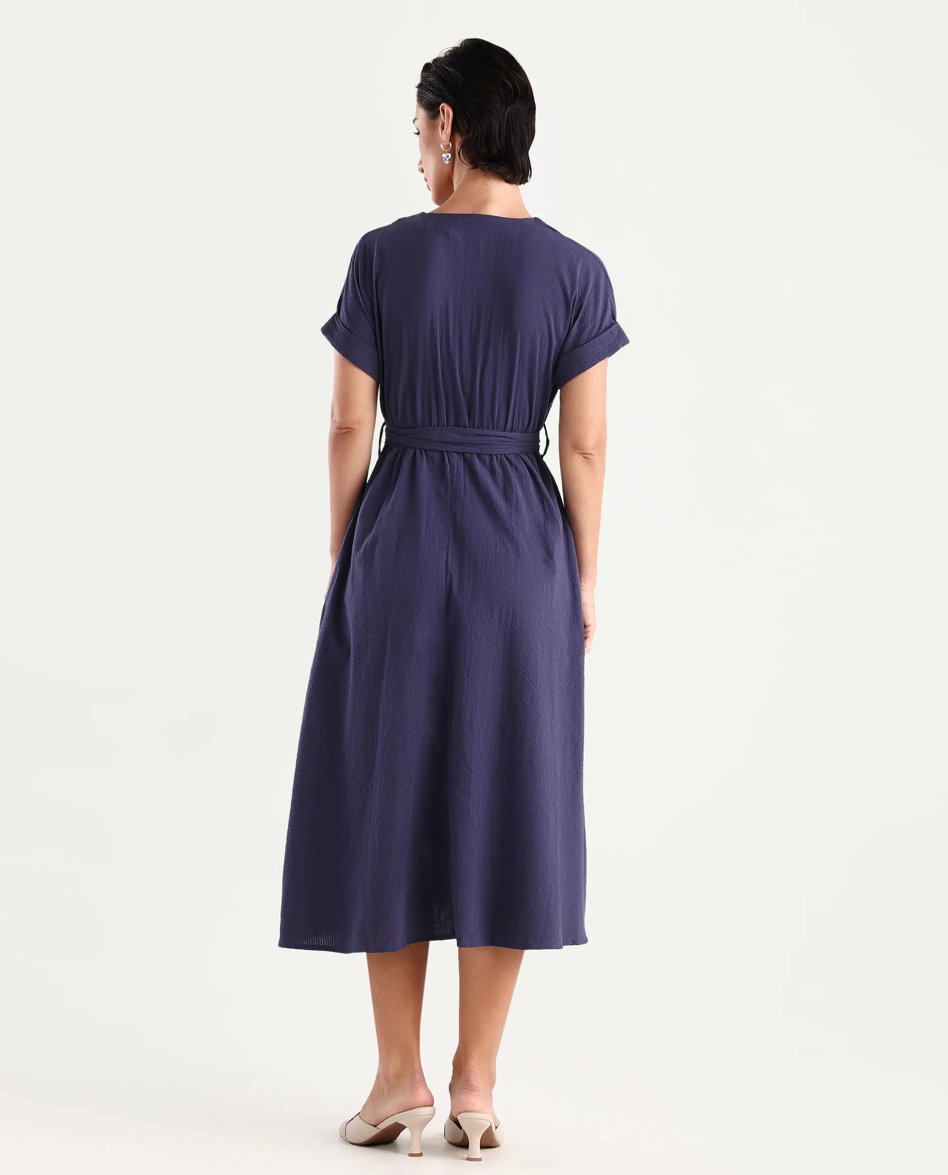 Rareism Women's Bhamin Navy Cotton Overlap Neck Plain Extended Sleeves Midi Fit And Flare Dress