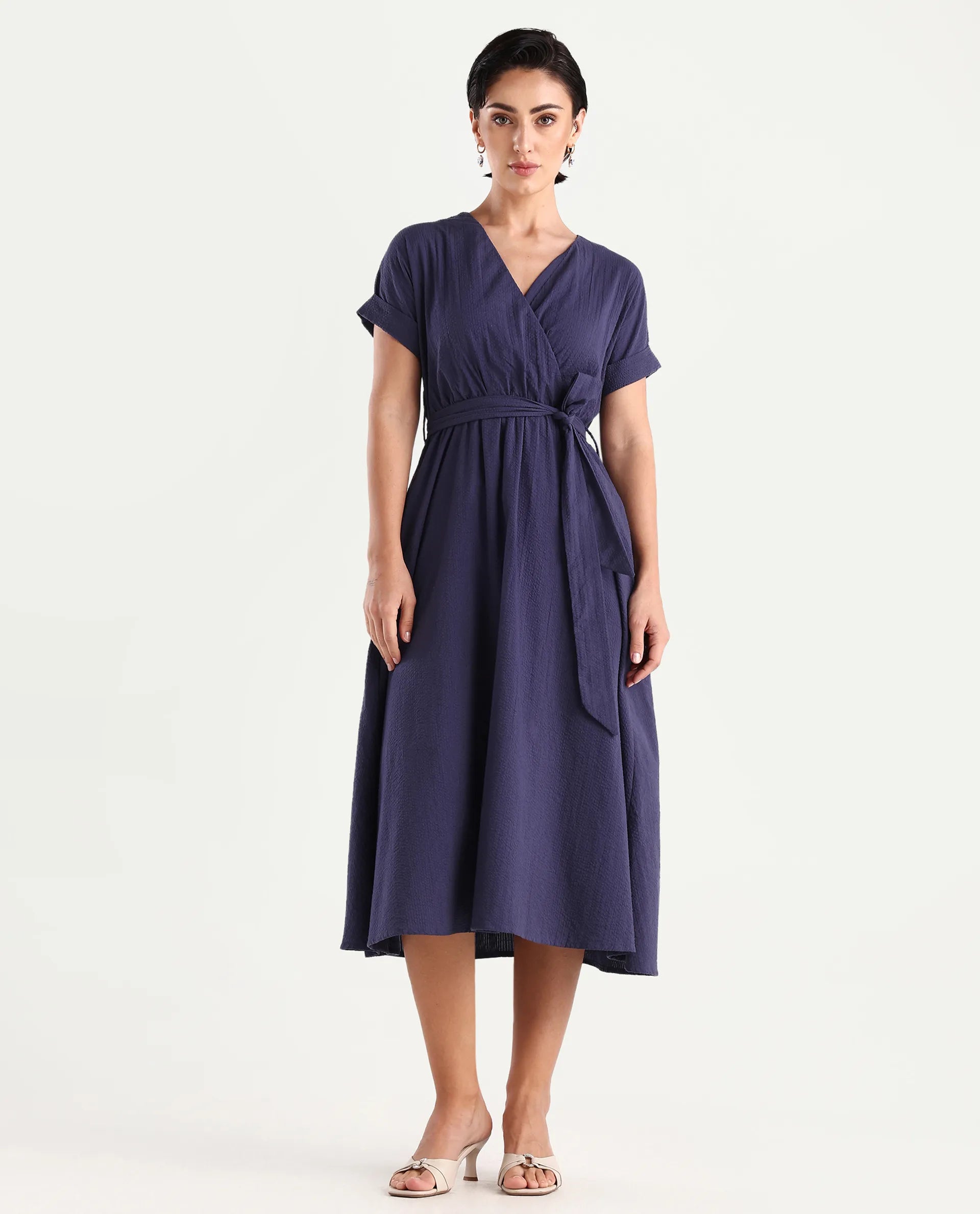 Rareism Women's Bhamin Navy Cotton Overlap Neck Plain Extended Sleeves Midi Fit And Flare Dress