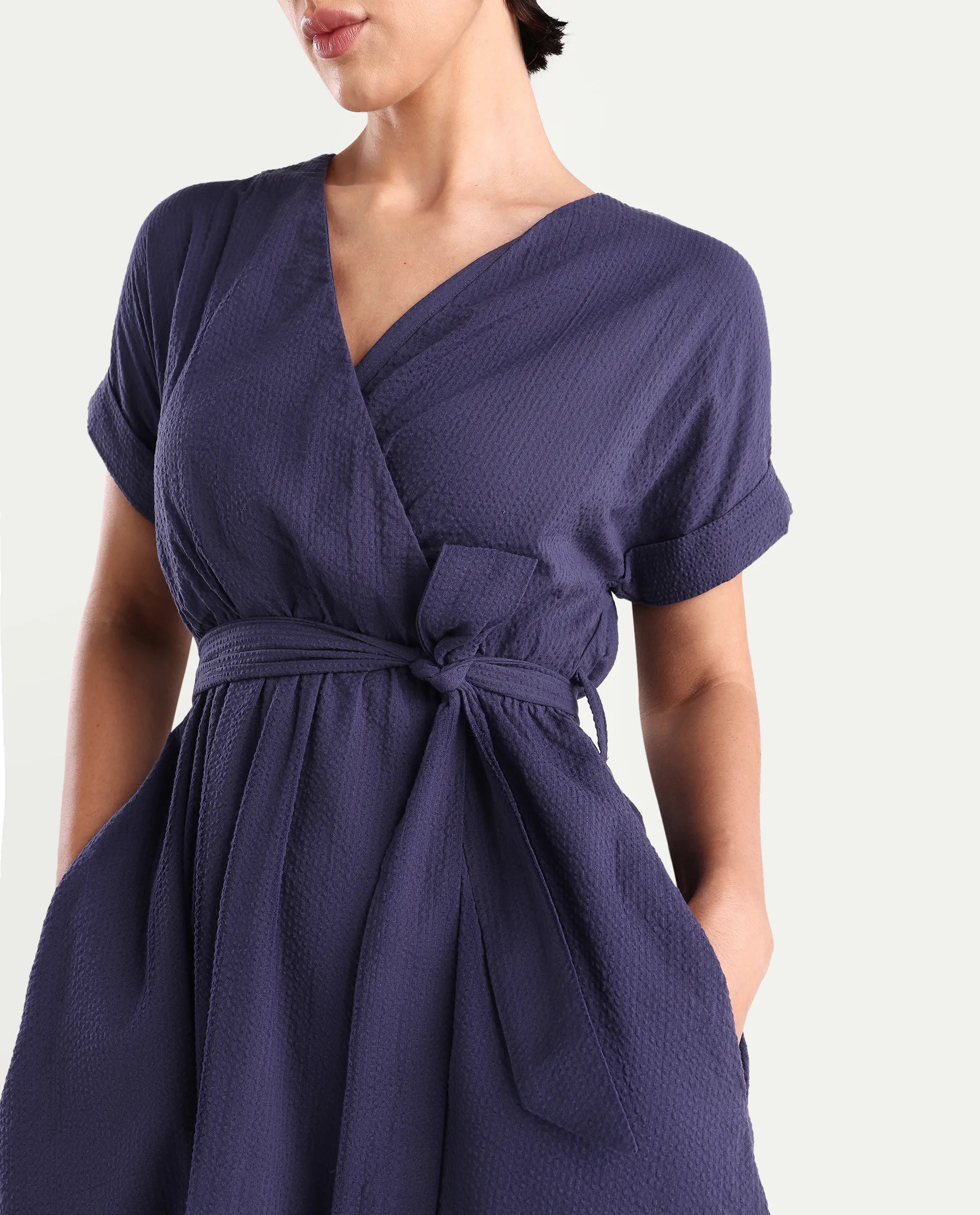 Rareism Women's Bhamin Navy Cotton Overlap Neck Plain Extended Sleeves Midi Fit And Flare Dress