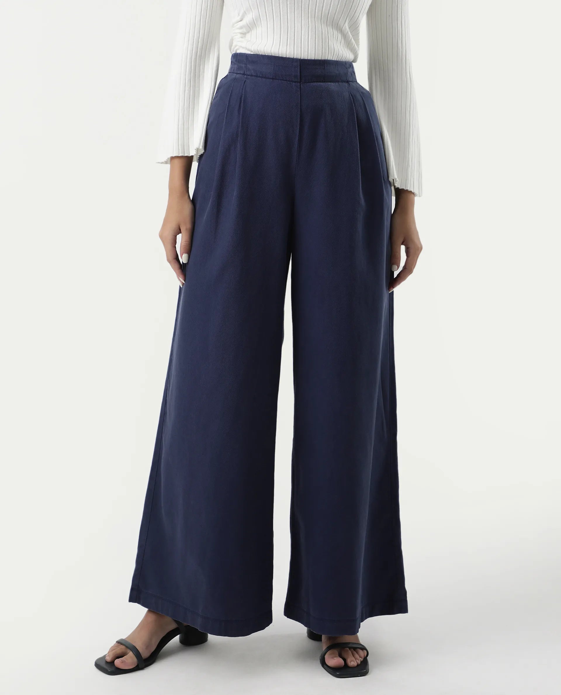 Rareism Women's Bhanella B Navy Cotton Blend Plain Ankle Length Flared Trouser