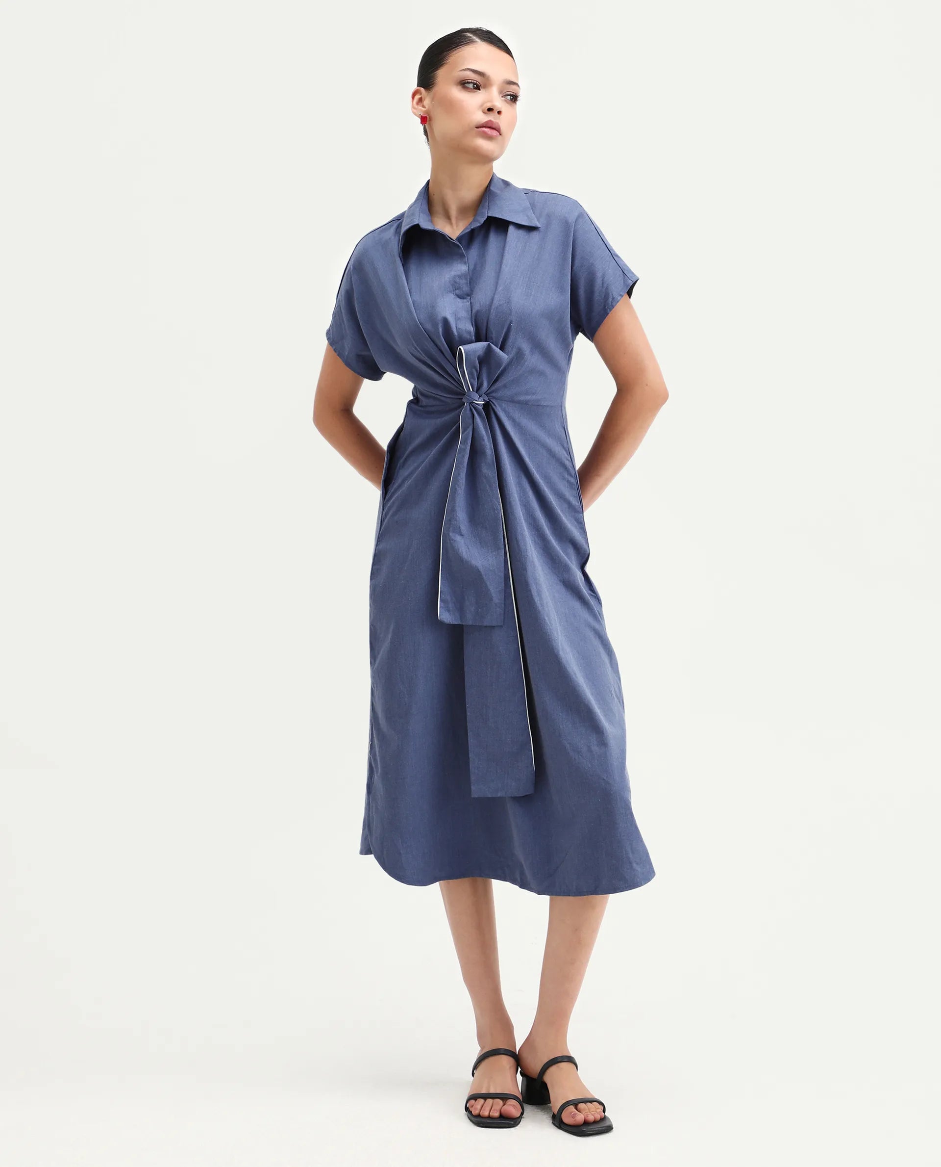 Rareism Women's Bhaque Light Blue Polyester Blend Spread Collar Plain Balloon Sleeve Midi Straight Fit Dress