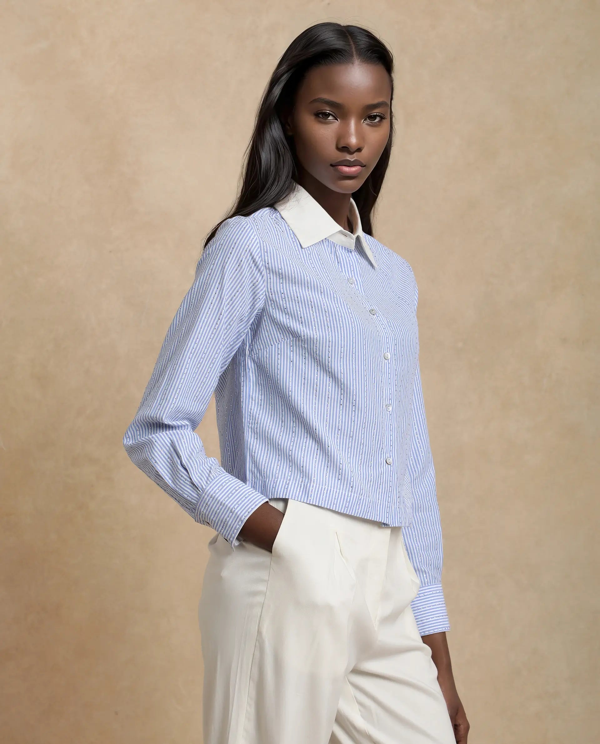 Rareism Women Bharli Light Blue Cotton Fabric Full Sleeve Collared Neck Button Closure Crop Narrow Stripes Shirt