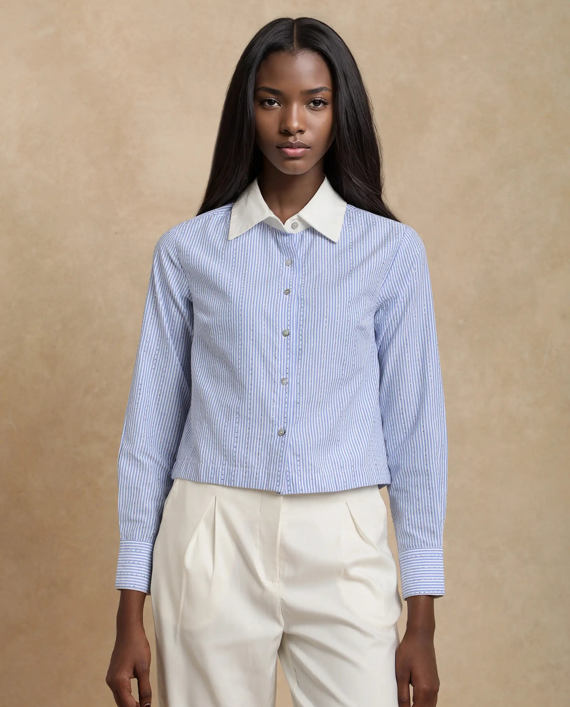 Rareism Women Bharli Light Blue Cotton Fabric Full Sleeve Collared Neck Button Closure Crop Narrow Stripes Shirt