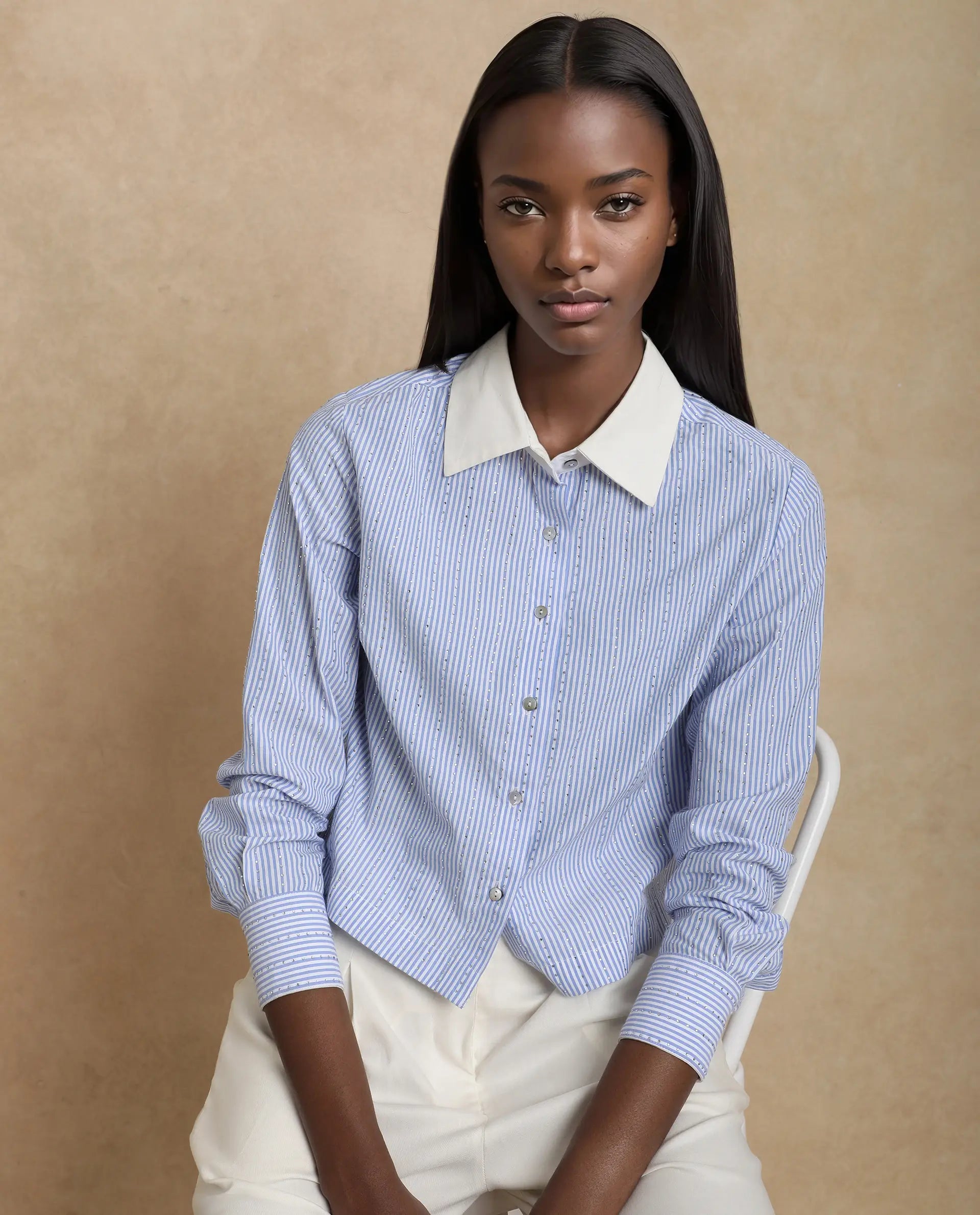 Rareism Women Bharli Light Blue Cotton Fabric Full Sleeve Collared Neck Button Closure Crop Narrow Stripes Shirt