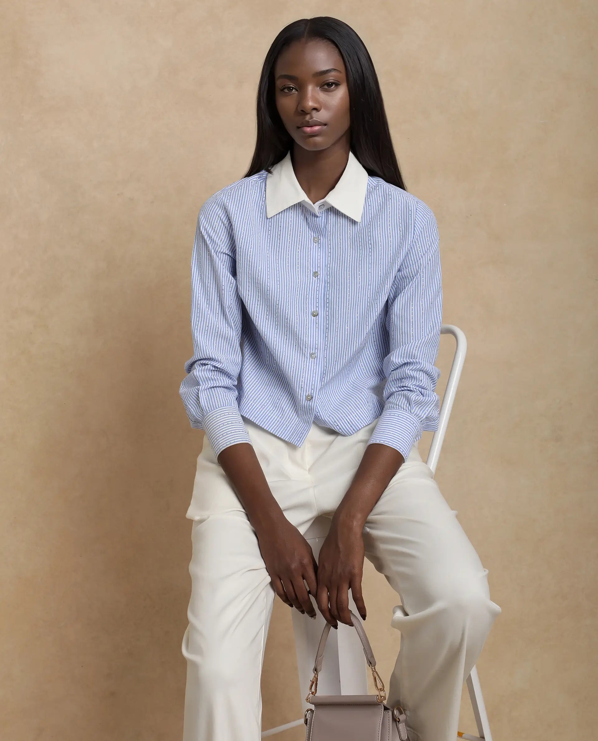 Rareism Women Bharli Light Blue Cotton Fabric Full Sleeve Collared Neck Button Closure Crop Narrow Stripes Shirt