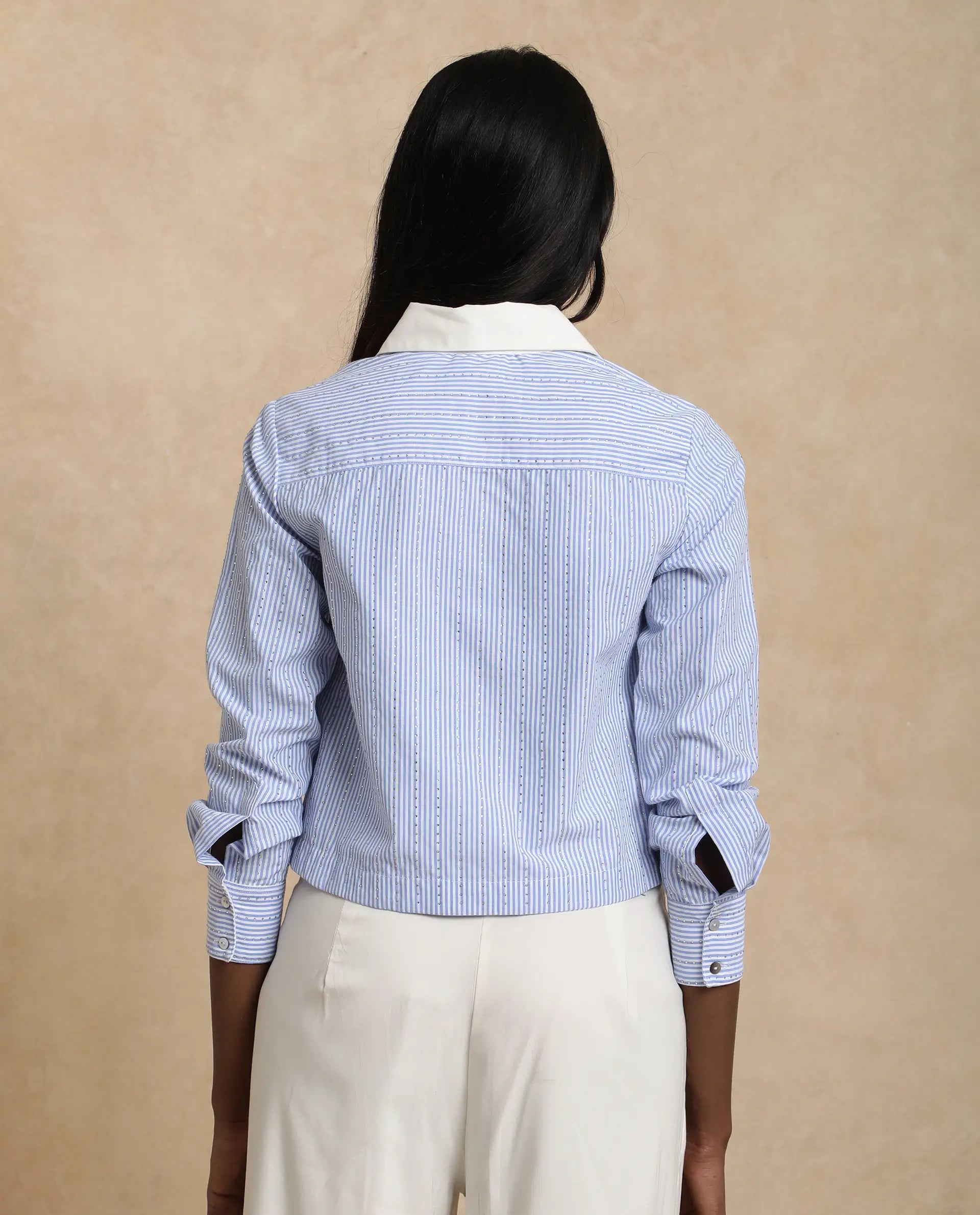 Rareism Women Bharli Light Blue Cotton Fabric Full Sleeve Collared Neck Button Closure Crop Narrow Stripes Shirt