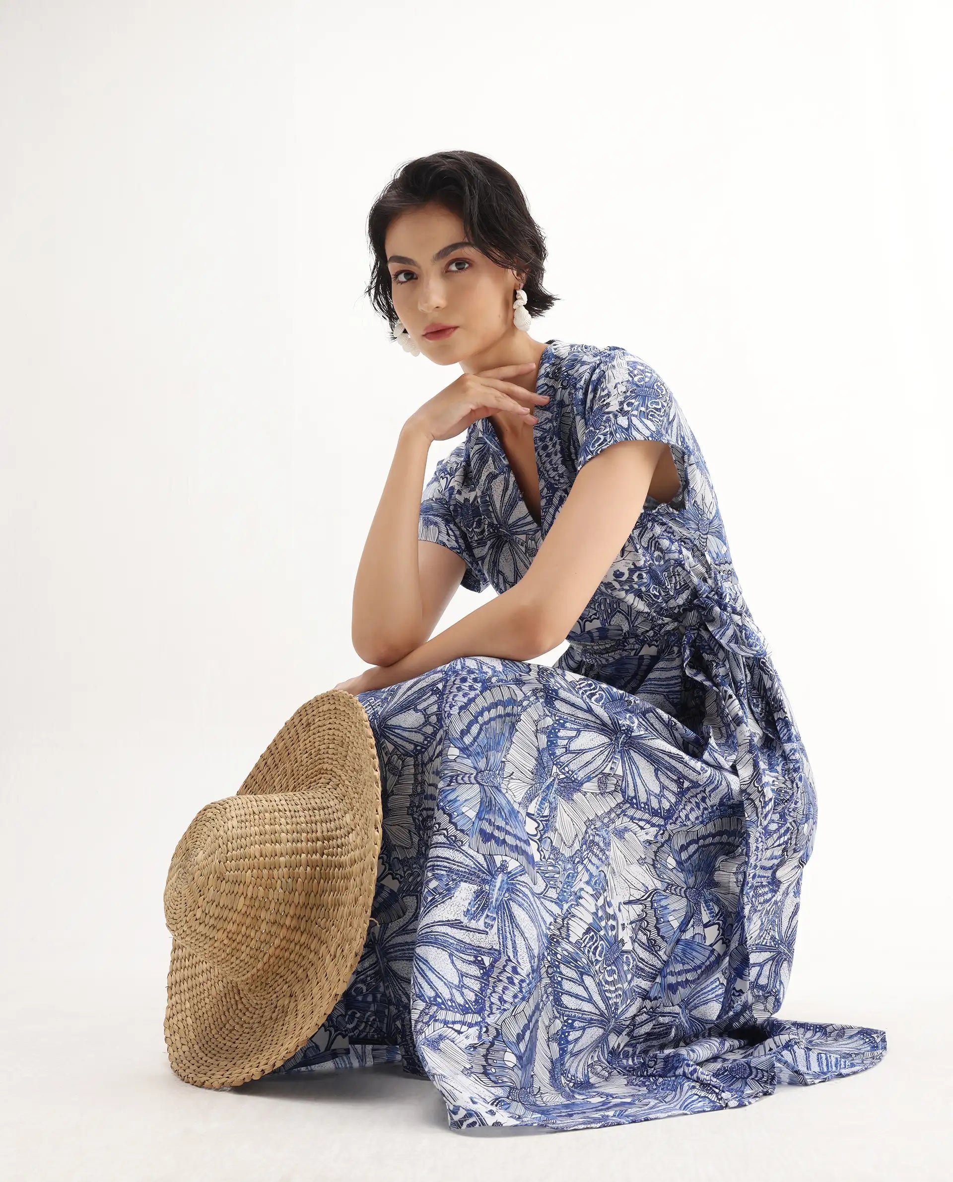 Rareism Women's Bharnaj Blue Cotton Johnny Collar Abstract Print Kimono Sleeve Midi Flared Dress