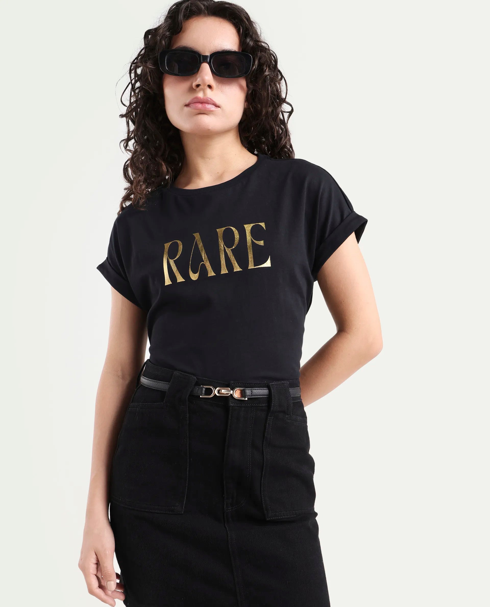 Rareism Women's Bhars Black Viscose Blend Crew Neck Regular Fit Typography Print T-Shirt