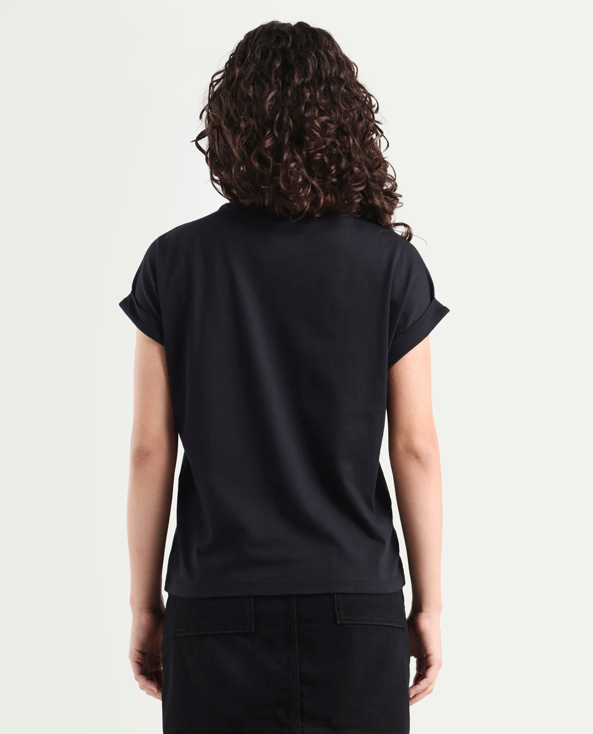 Rareism Women's Bhars Black Viscose Blend Crew Neck Regular Fit Typography Print T-Shirt