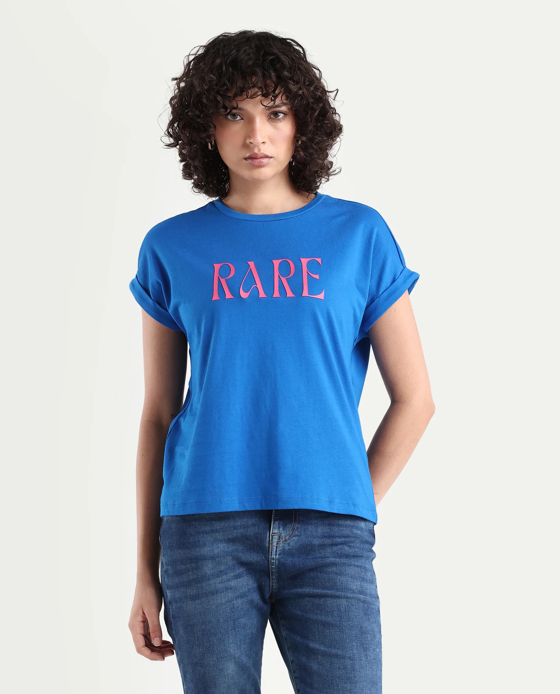 Rareism Women's Bhars Blue Viscose Blend Crew Neck Regular Fit Typography Print T-Shirt