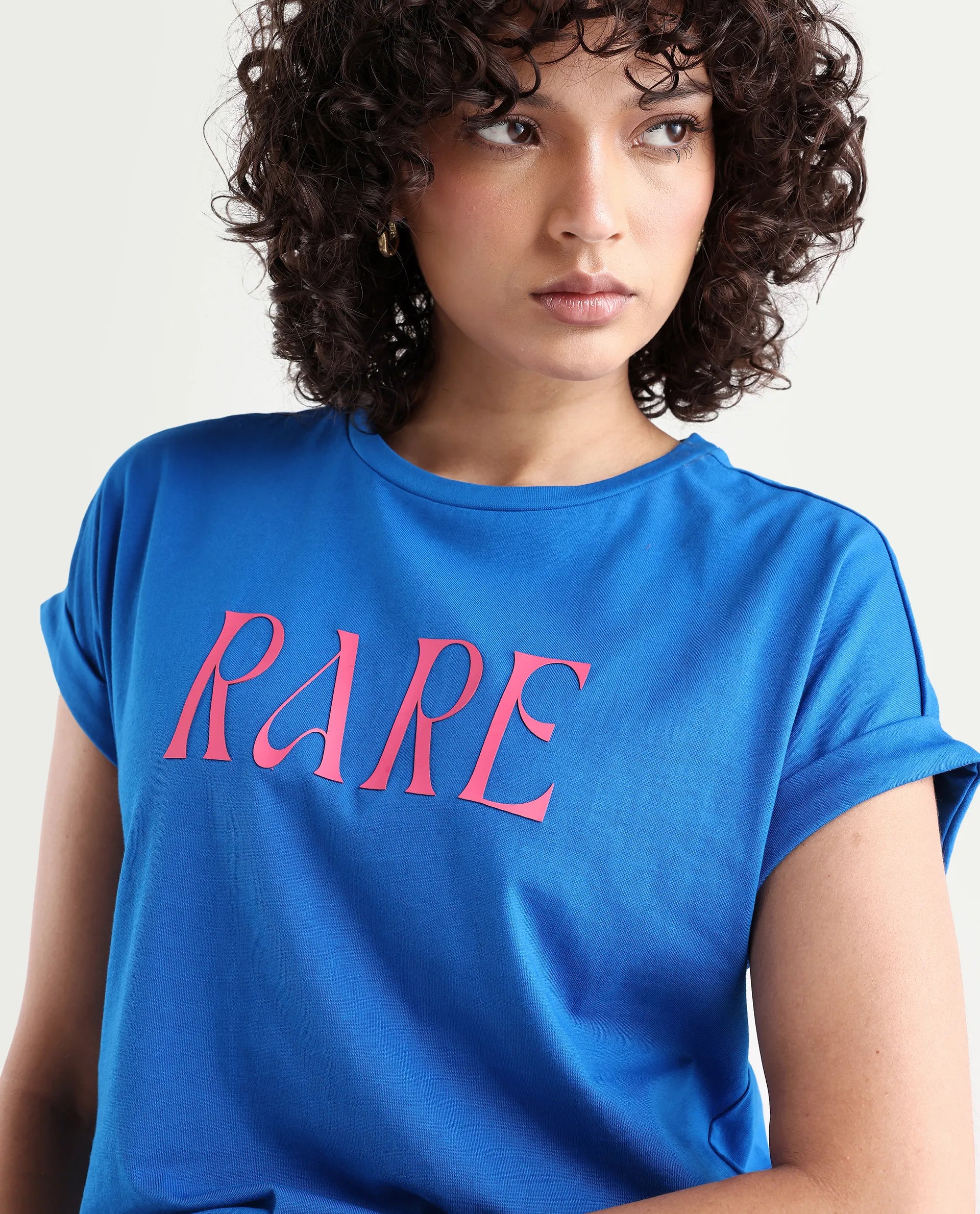 Rareism Women's Bhars Blue Viscose Blend Crew Neck Regular Fit Typography Print T-Shirt