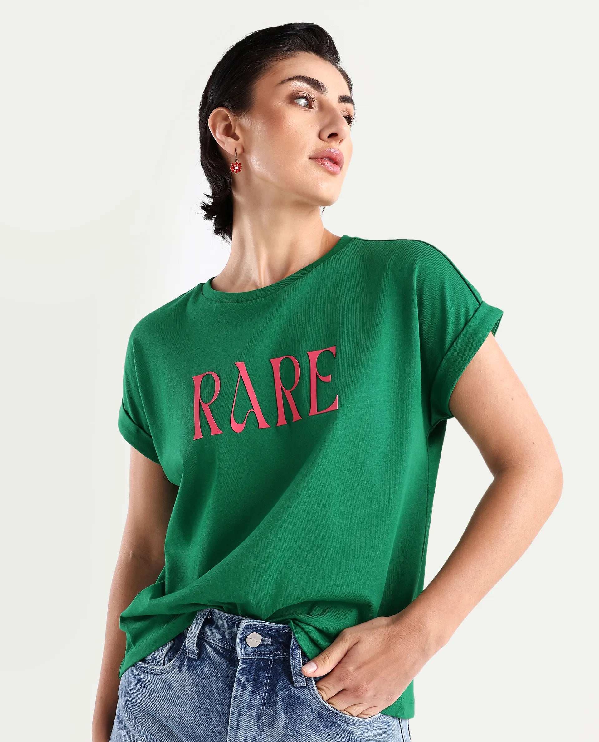 Rareism Women's Bhars Green Cotton Crew Neck Typography Print Extended Sleeves Regular Fit T-Shirt