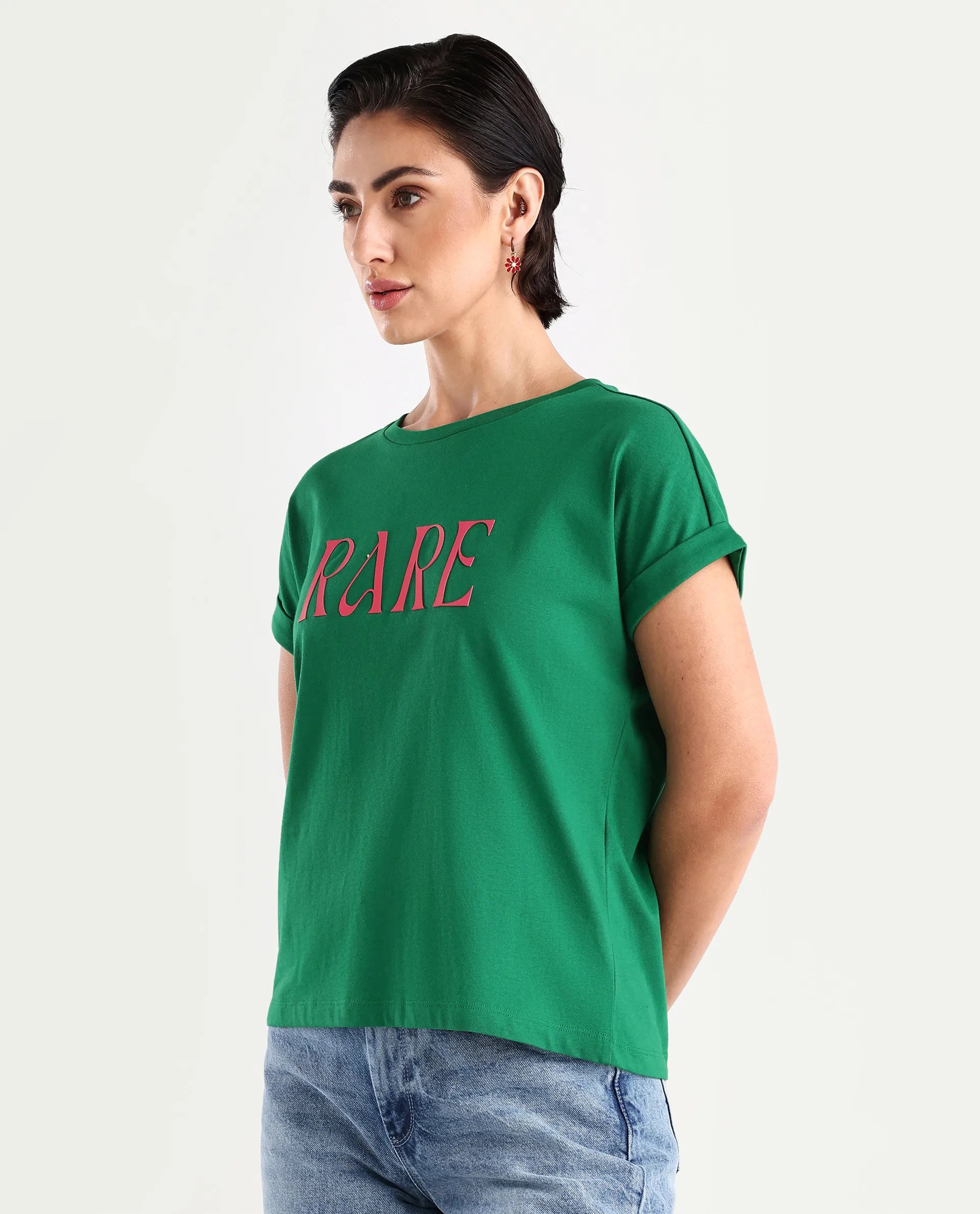Rareism Women's Bhars Green Cotton Crew Neck Typography Print Extended Sleeves Regular Fit T-Shirt