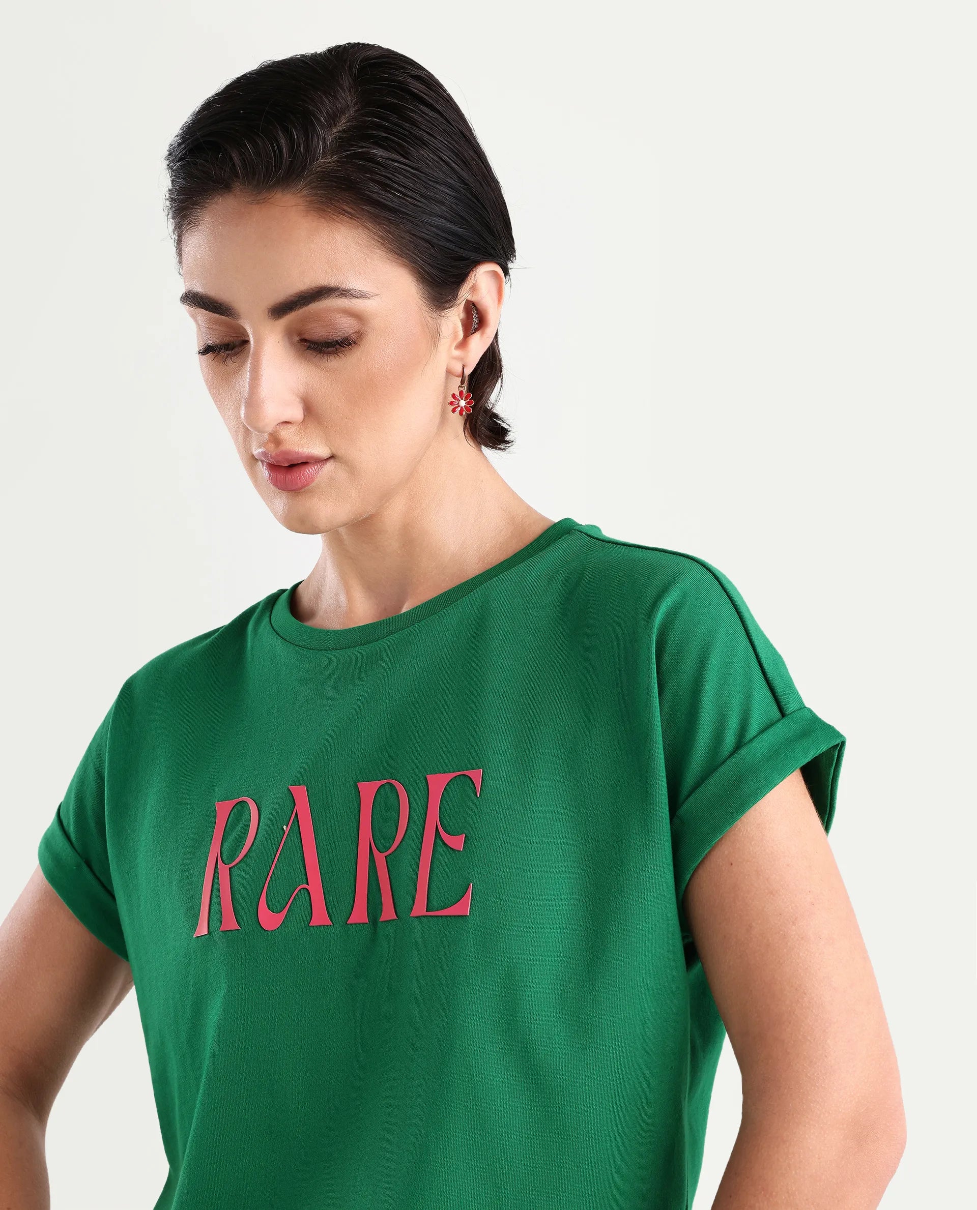 Rareism Women's Bhars Green Cotton Crew Neck Typography Print Extended Sleeves Regular Fit T-Shirt