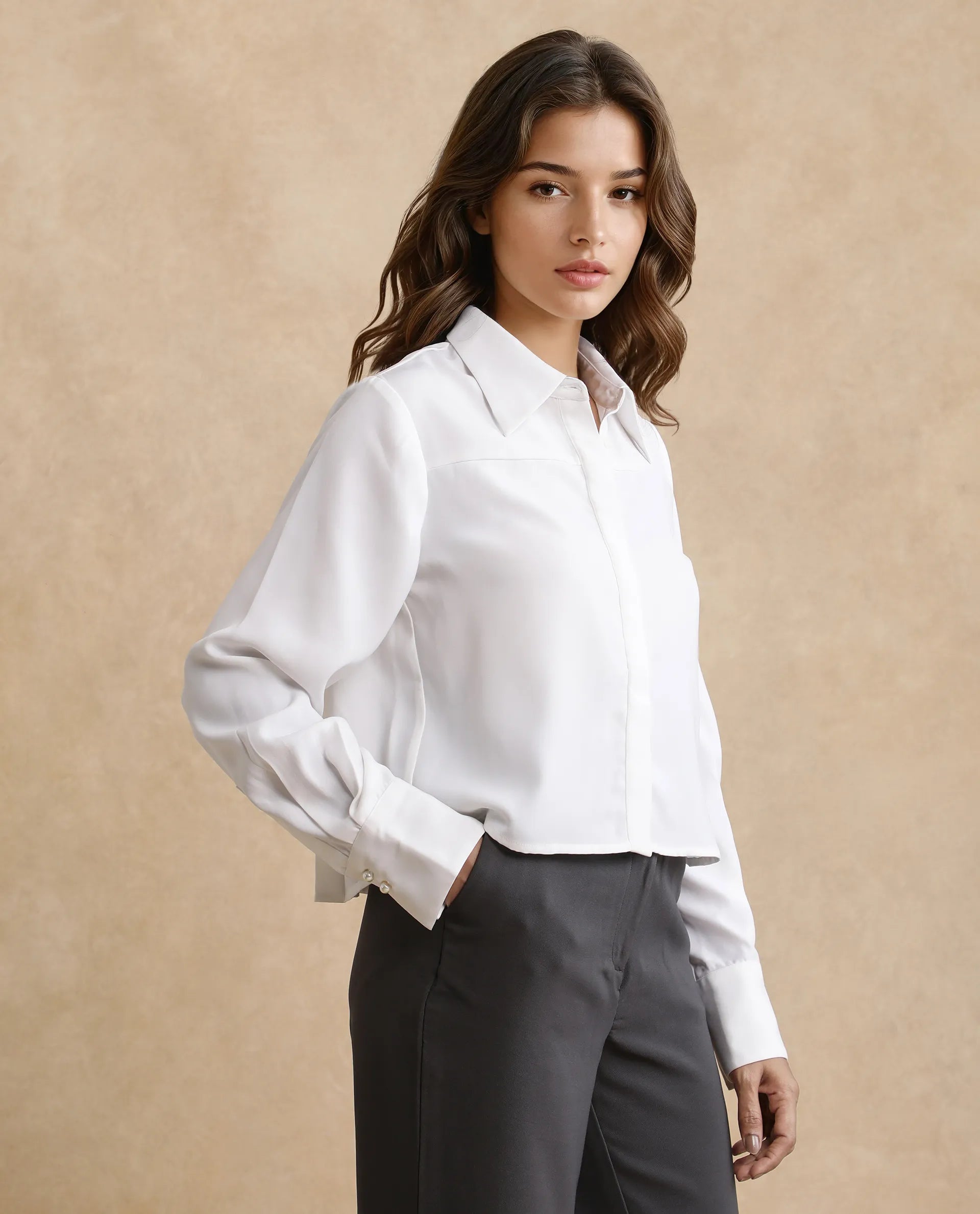 Rareism Women's Bharvik White Polyester Spread Collar Plain Cuffed Sleeve Crop Relaxed Fit Shirt