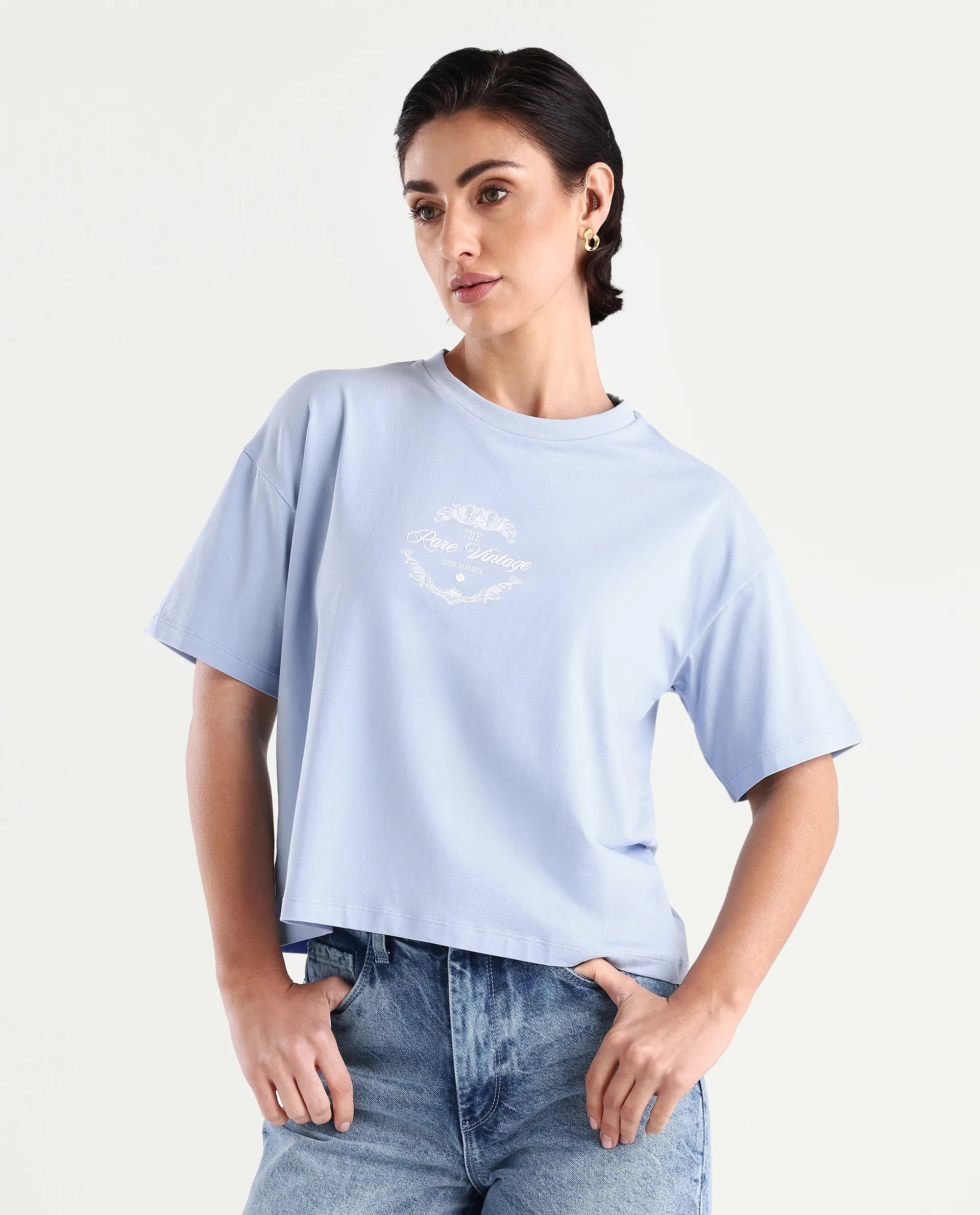 Rareism Women's Bhasi Light Blue Cotton Blend Crew Neck Graphic Print Boxy Fit T-Shirt