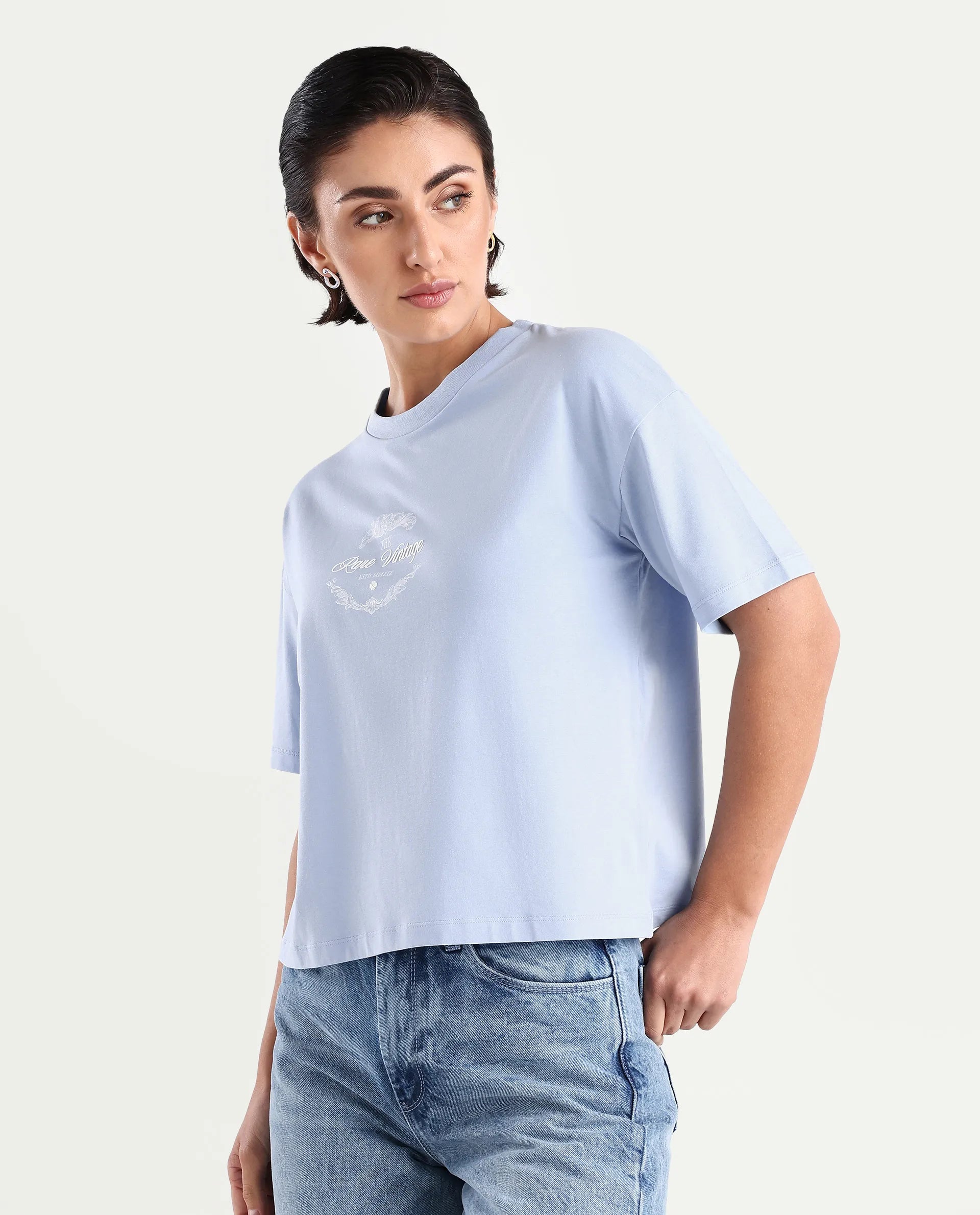 Rareism Women's Bhasi Light Blue Cotton Blend Crew Neck Graphic Print Boxy Fit T-Shirt