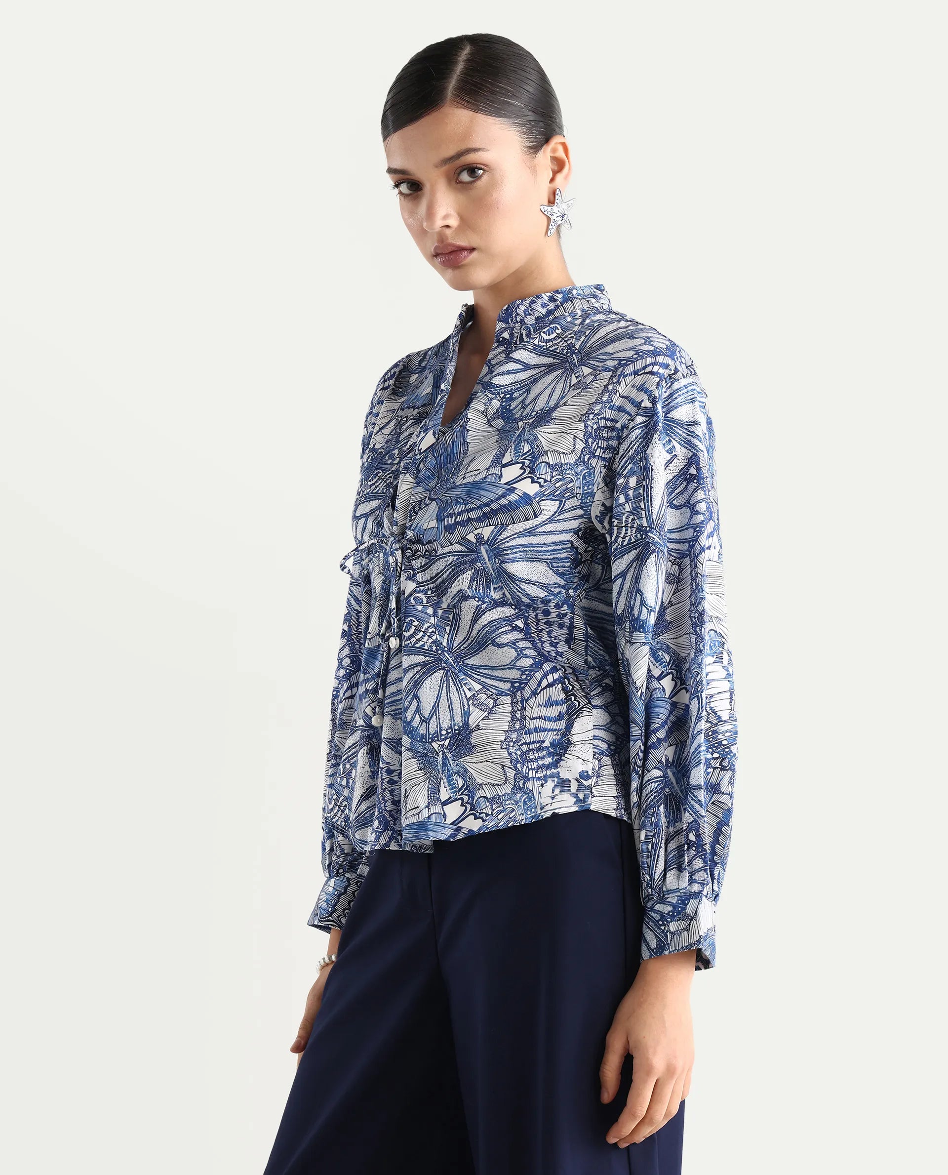 Rareism Women's Bhasny Blue Tencel Mandarin Collar Abstract Print Puff Sleeves Regular Fit Top