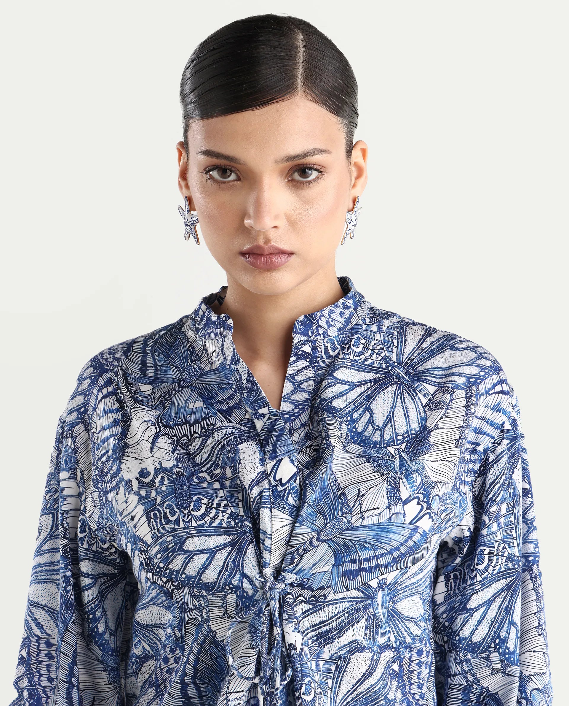 Rareism Women's Bhasny Blue Tencel Mandarin Collar Abstract Print Puff Sleeves Regular Fit Top