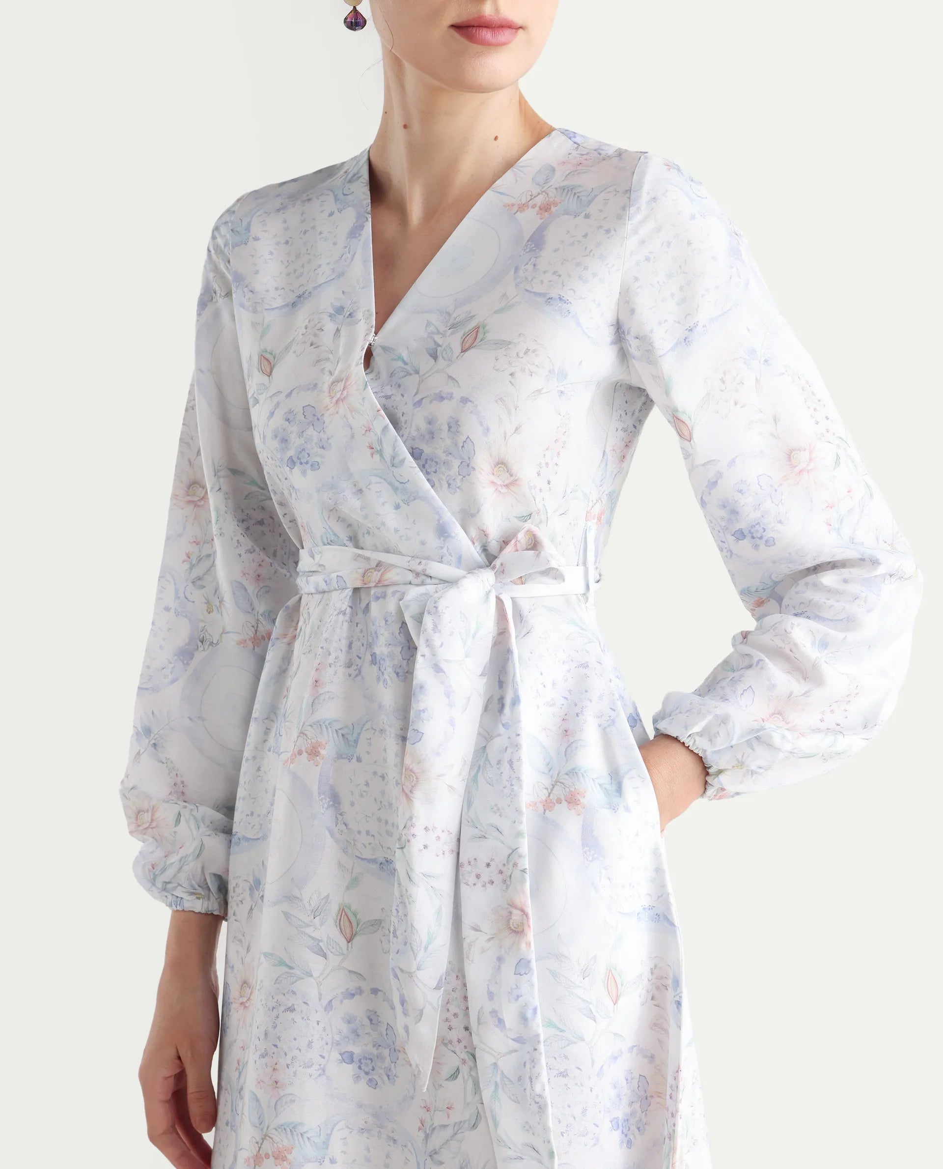 Rareism Women's Bhaxjo Light Multi Tencel V-Neck Abstract Print Midi A-Line Dress