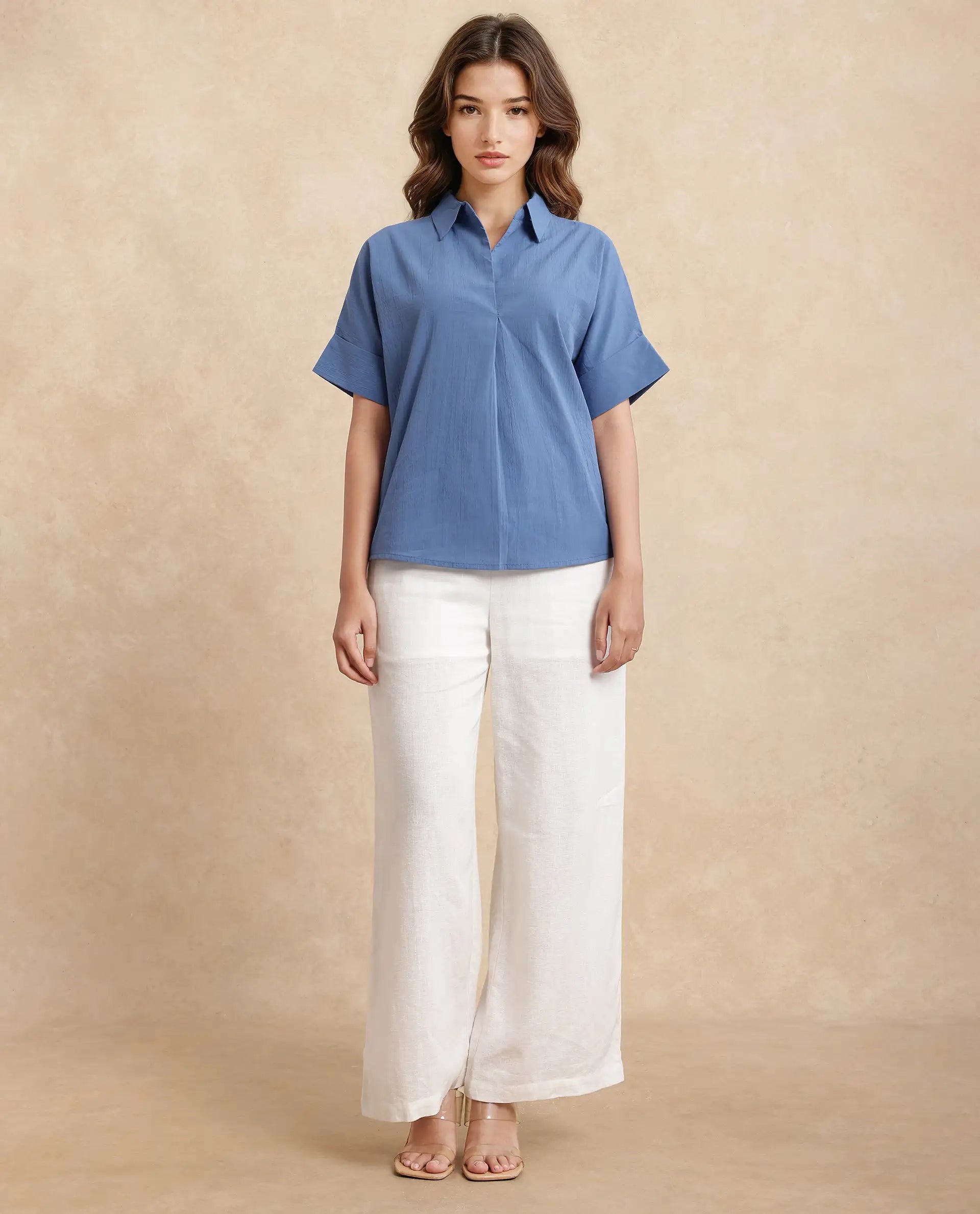 Rareism Women Bhayas Blue Cotton Blend Fabric Short Sleeve Johnny Collar Button Closure Boxy Fit Regular Length Plain Top