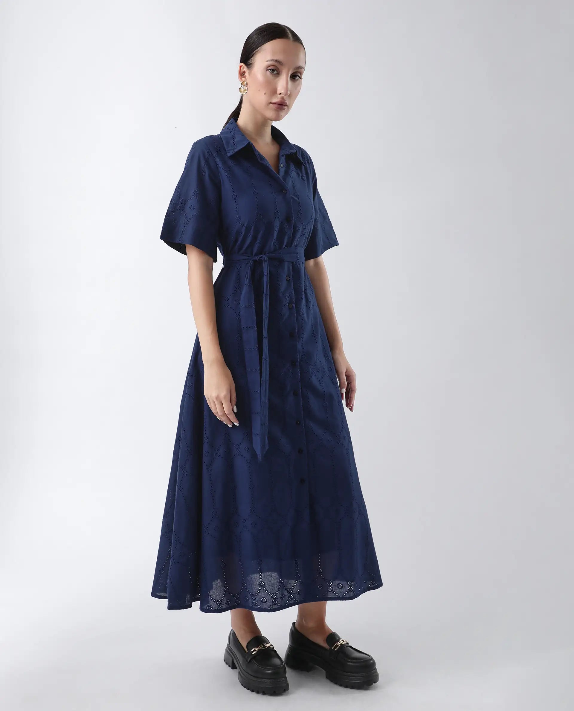 Rareism Women's Bhazlo Navy Cotton Spread Collar Plain Midi A-Line Dress