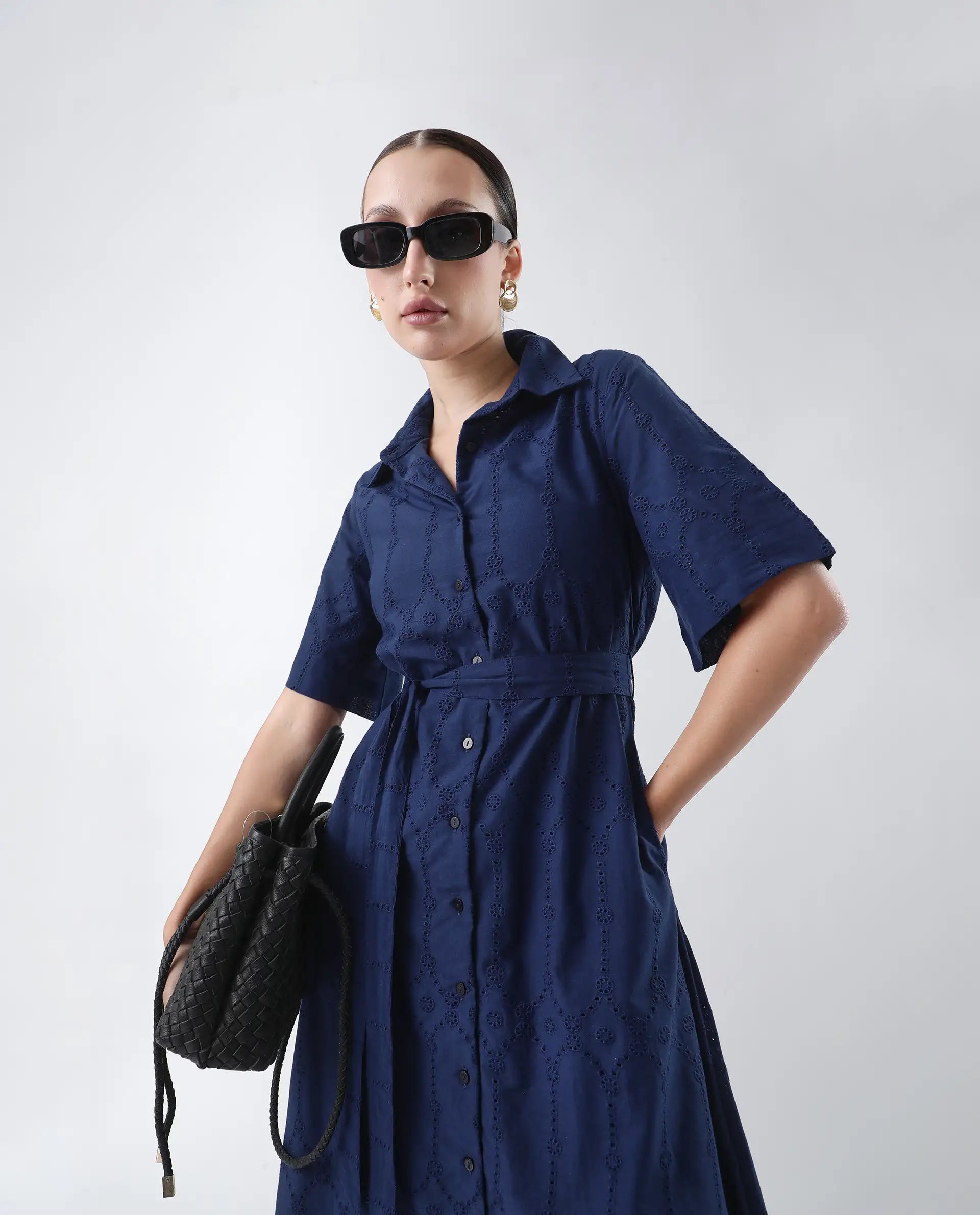 Rareism Women's Bhazlo Navy Cotton Spread Collar Plain Midi A-Line Dress