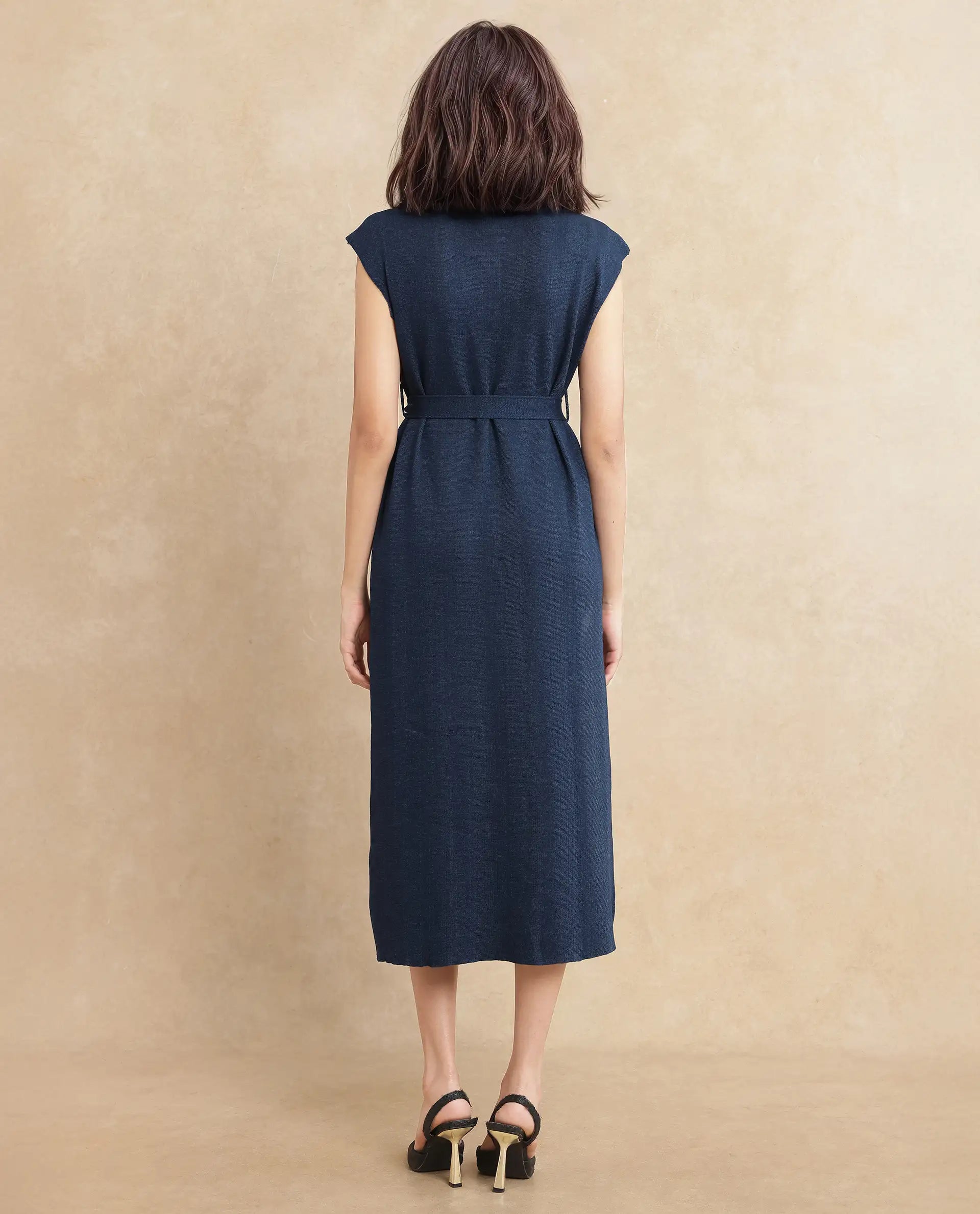 Rareism Women Bhize Navy Viscose Blend Fabric Sleeve Less Straight Fit Dress