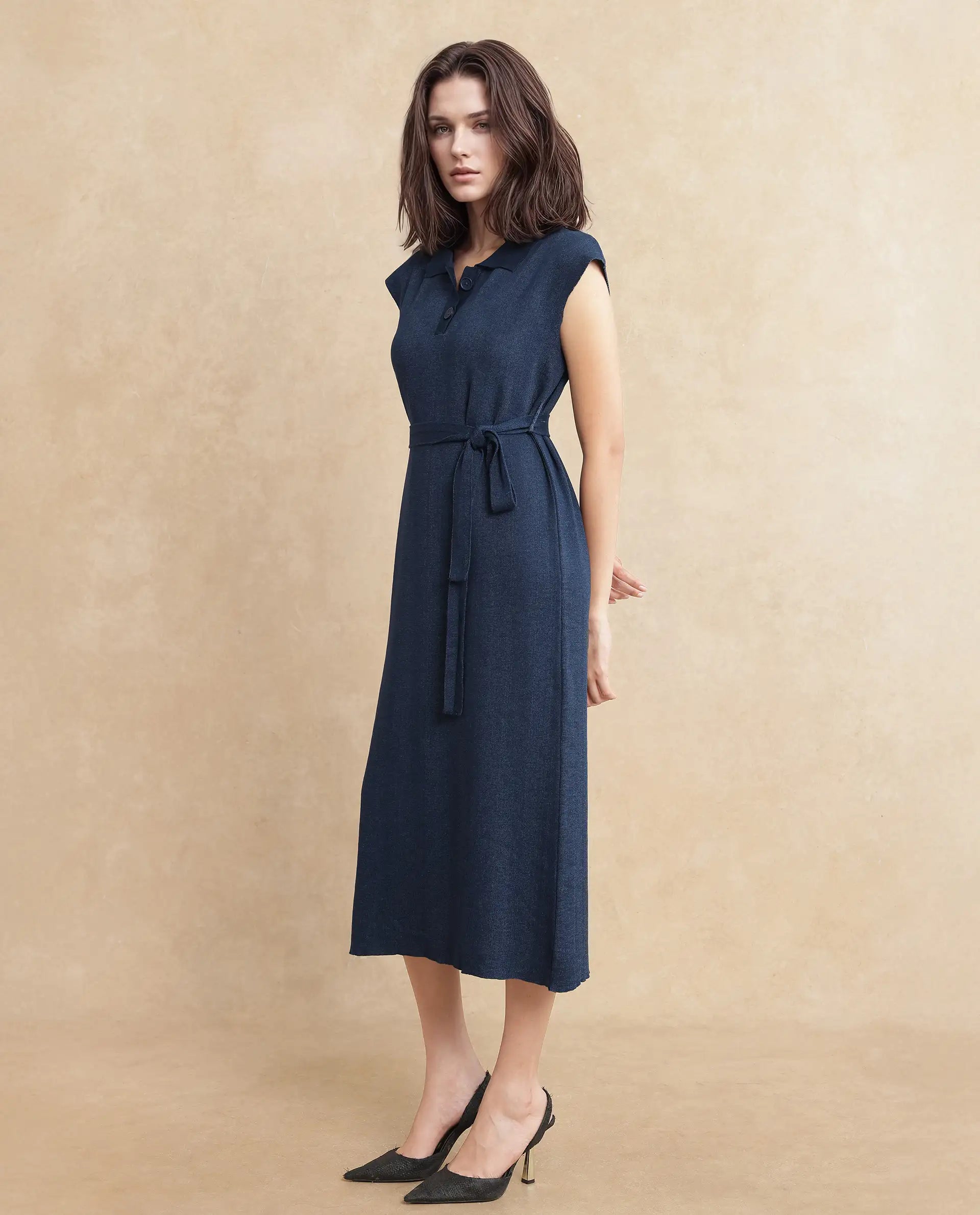 Rareism Women Bhize Navy Viscose Blend Fabric Sleeve Less Straight Fit Dress